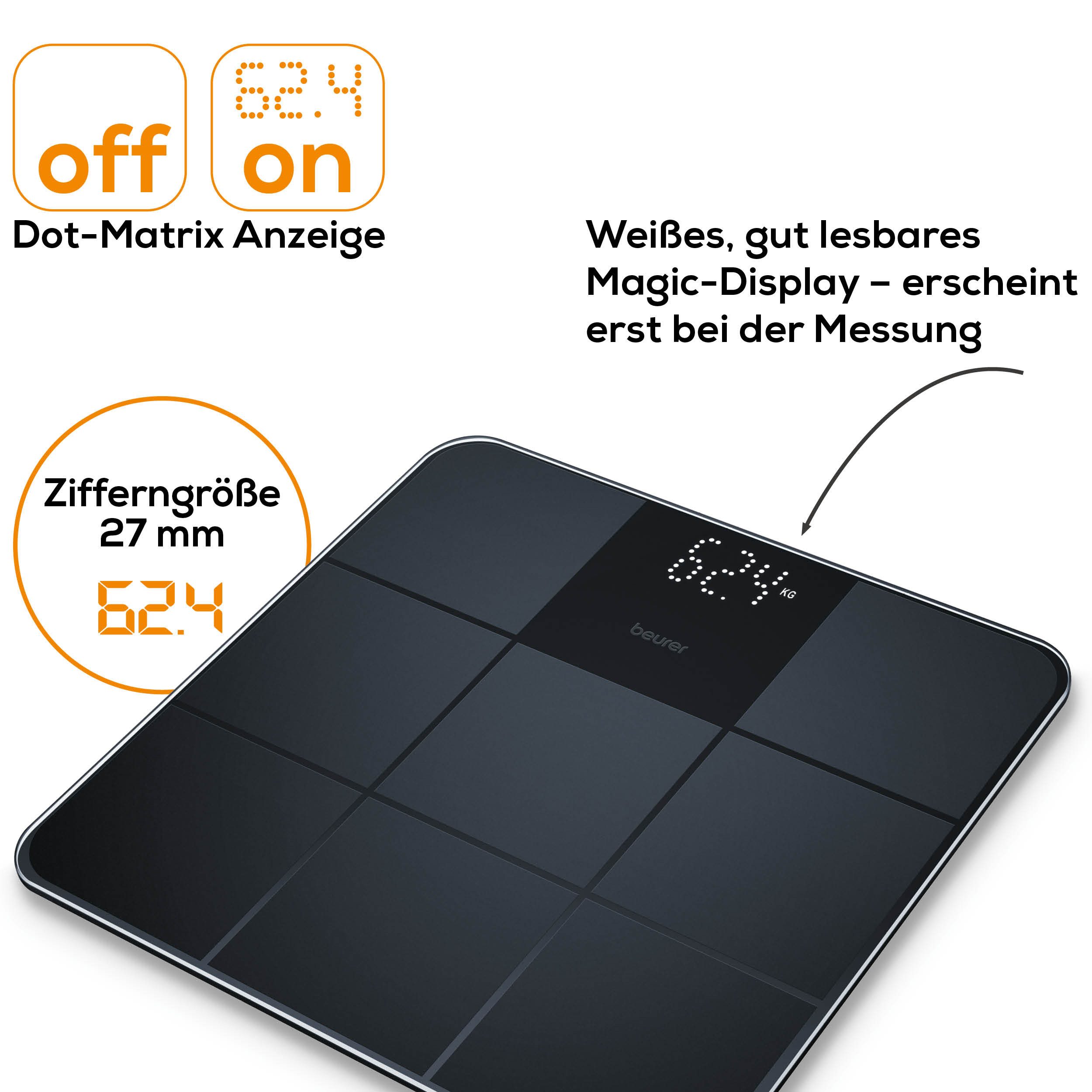 BEURER Personenwaage GS 235 Glaswaage mit Magic-LED Display - erscheint nur bei Messung, Elegante Oberfläche mit matter Fliesenstruktur, Tragkraft bis 180 kg