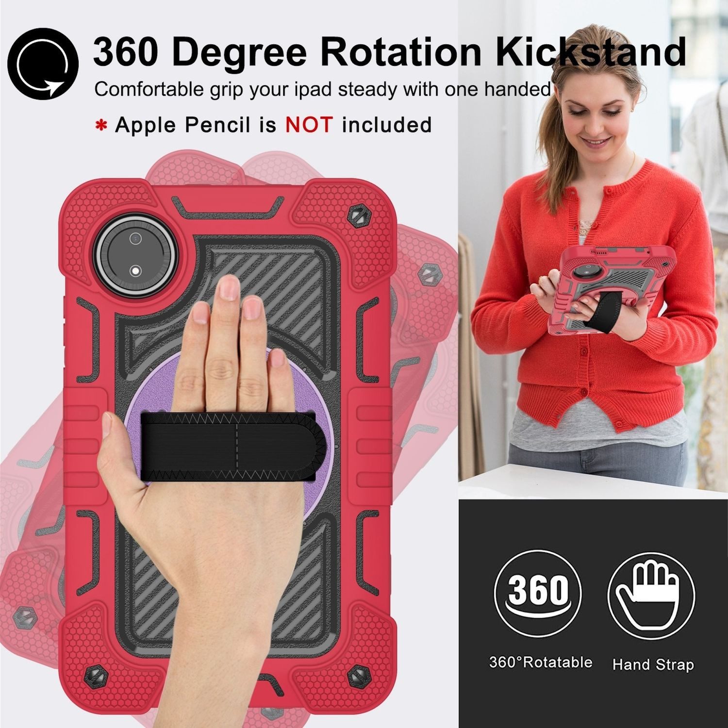 Wigento Tablet-Hülle Für Xiaomi Redmi Pad SE 8.7 360 Grad Rotation Hybrid PC Hülle Case Rot, 360-Grad Rotation, Schultergurt und Ständer
