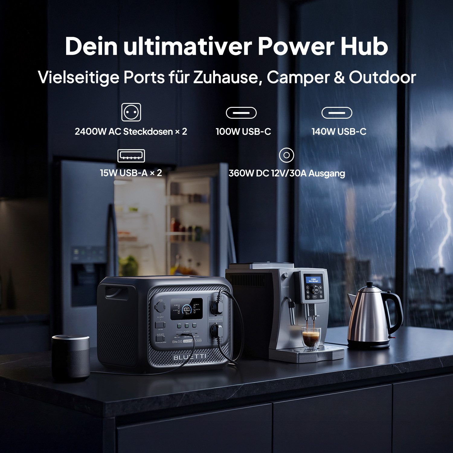 BLUETTI Stromerzeuger Elite 300 2400W/ 3014,4Wh Tragbare PowerStation (2026 Neu), 2,4 in kW, (LiFePO4 Batterie Backup mit 2400W AC Ausgängen (4800W Surge), Kompakte 3kWh Solargenerator für Zuhause, Camping & Wohnmobil