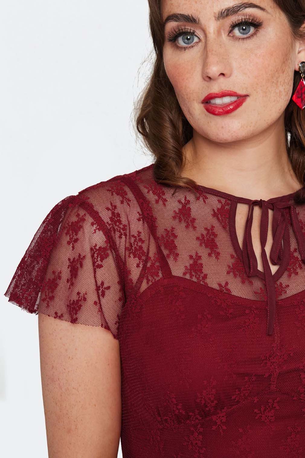Voodoo Vixen A-Linien-Kleid Melody Burgundy Lace Flare Dress Retro Vintage günstig online kaufen