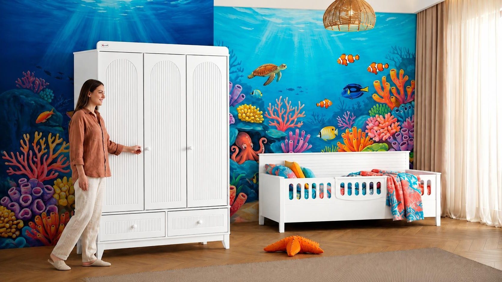 Xlmoebel Kinderkleiderschrank Skandinavischer Kinderkleiderschrank in Weiß mit Schubladen (Skandinavischer Kinderkleiderschrank, 3-türig) Made in Europa