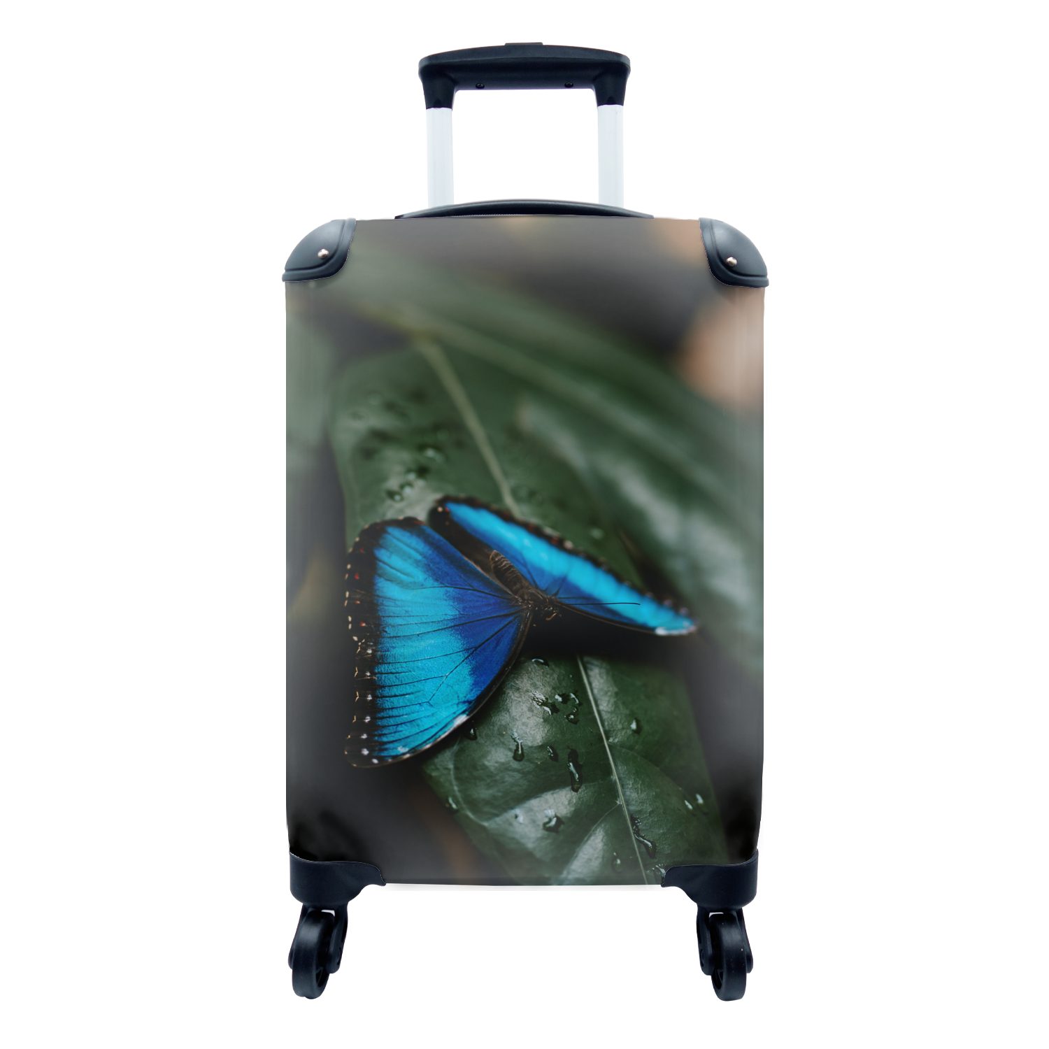MuchoWow Handgepäckkoffer Abstrakte Darstellung eines blauen Schmetterlings auf einem grünen, 4 Rollen, Reisetasche mit rollen, Handgepäck für Ferien, Trolley, Reisekoffer | Handgepäck-Koffer