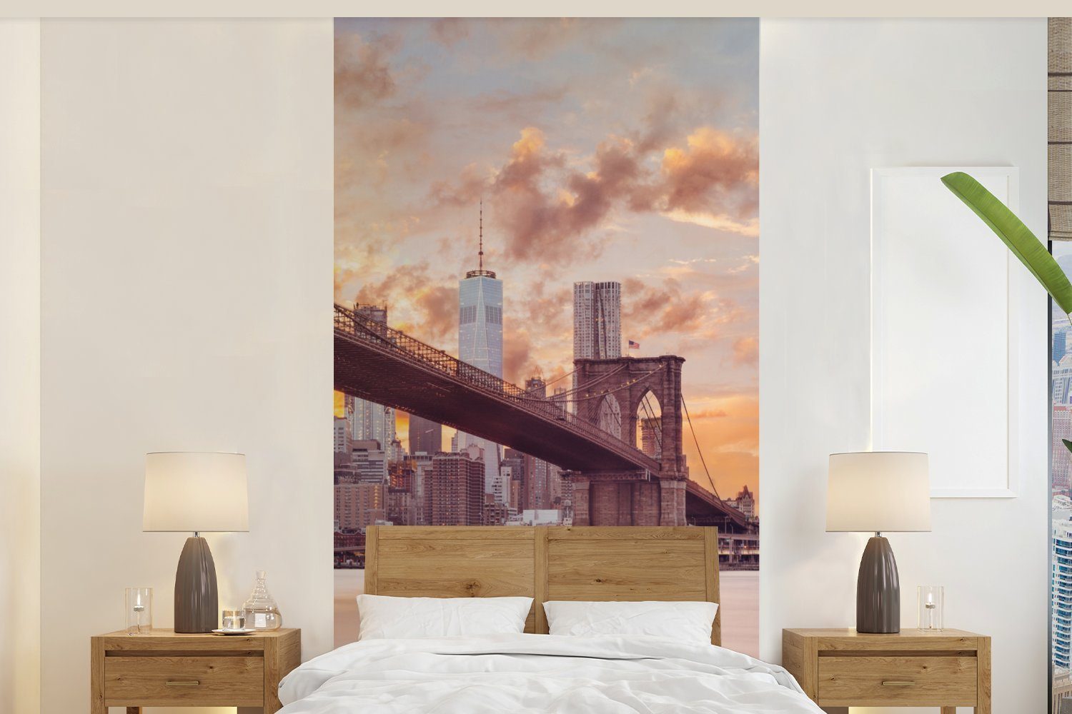 MuchoWow Fototapete Brooklyn Bridge und die New Yorker Skyline bei Sonnenuntergang, Matt, bedruckt, (2 St), Vliestapete für Wohnzimmer Schlafzimmer Küche, Fototapete | Fototapeten