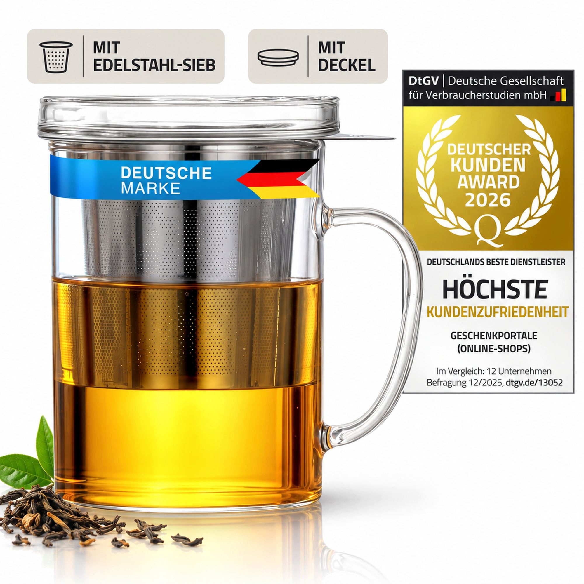Dimono Teeglas Dimono Teeglas 450 ml mit Sieb & Deckel – Glas Teebereiter Deluxe, Tee-Filter Tasse mit Deckel