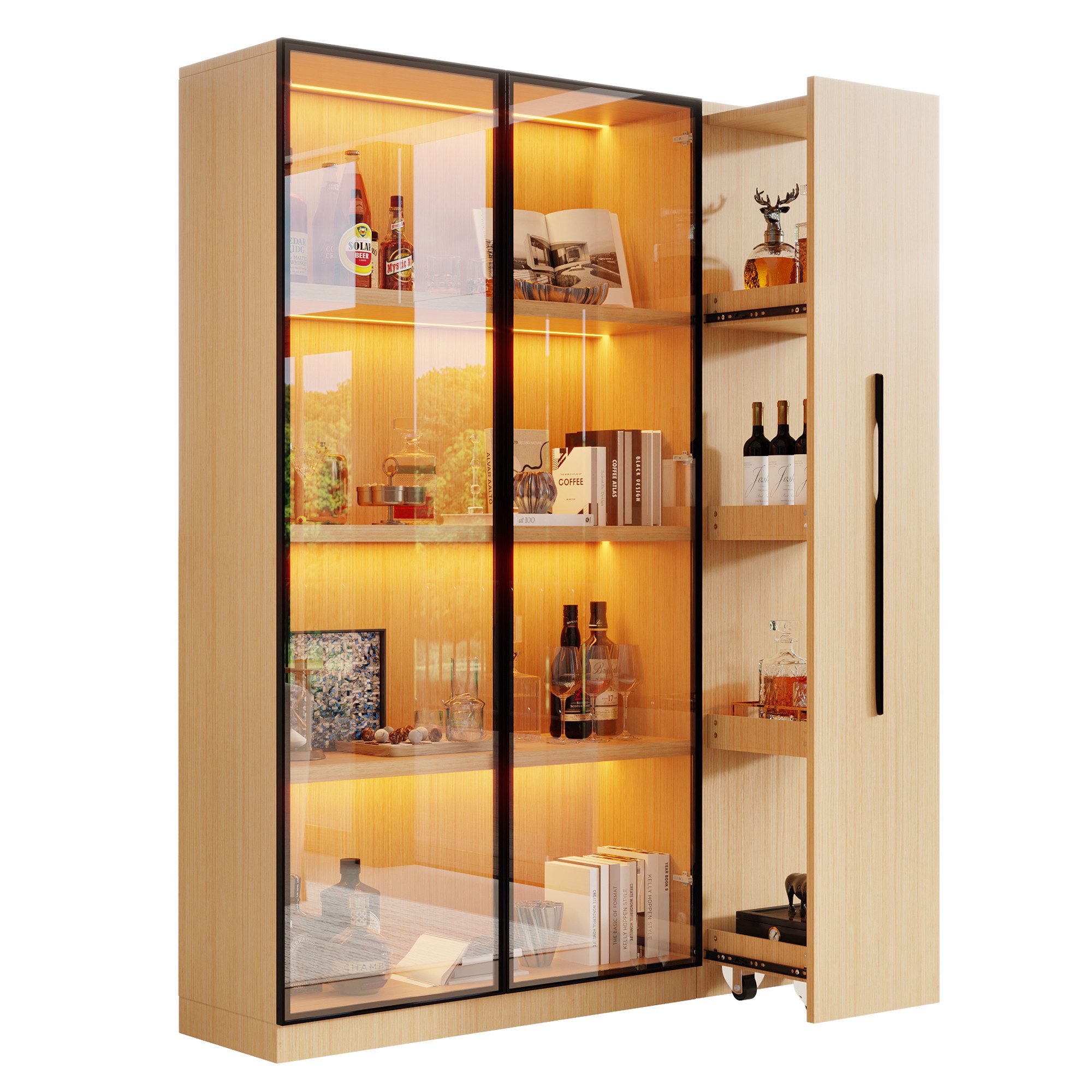 Odikalo Eckvitrine vitrinenschrank Glasvitrine mit Stauraum (Multifunktionsschrank 110,5×35×160cm-Vitrine mit Glastür und LED, Seitenauszug, Rollschrank - Hochschrank im modernen Stil, Vitrine,Esszimmerschrank,Bücherregal, Badezimmerschrä)