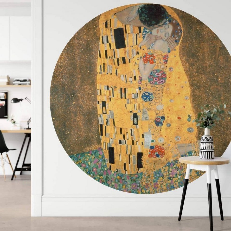 K&L Wall Art Fototapete Fototapete Klimt Kunstdruck Der Kuss Vliestapete  Rund Gemälde Gold Deko, Liebespaar Tapete