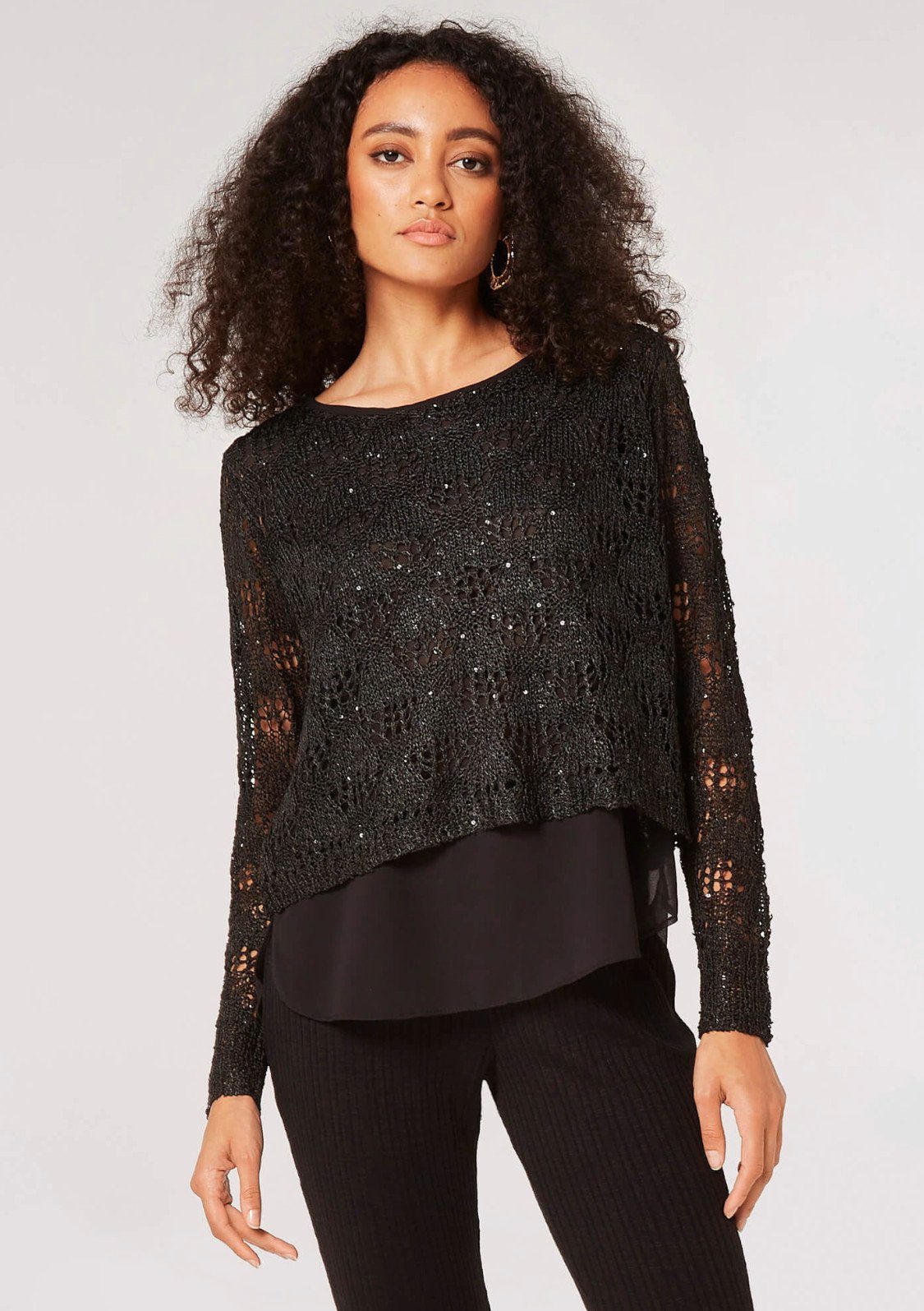 Apricot Strickpullover Sequin Knit Chiffon Underlay Top (1-tlg) im Lagenlook schwarz