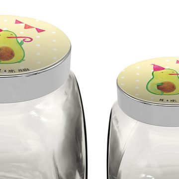 Mr. & Mrs. Panda Vorratsglas XL 2000ml Avocado Party Zeit - Gelb Pastell - Geschenk, Vorratsglas, Premium Glas, (1-tlg), Herzmotiv