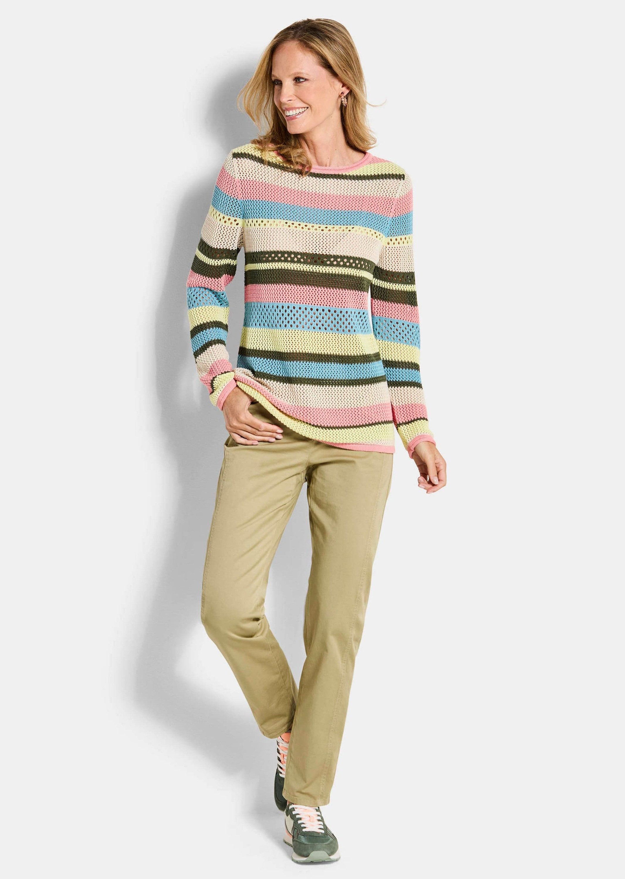 GOLDNER Strickpullover Ringelpullover mit Lochmuster Baumwollpullover mit U-Boot-Ausschnitt, Rollkante und Langarm