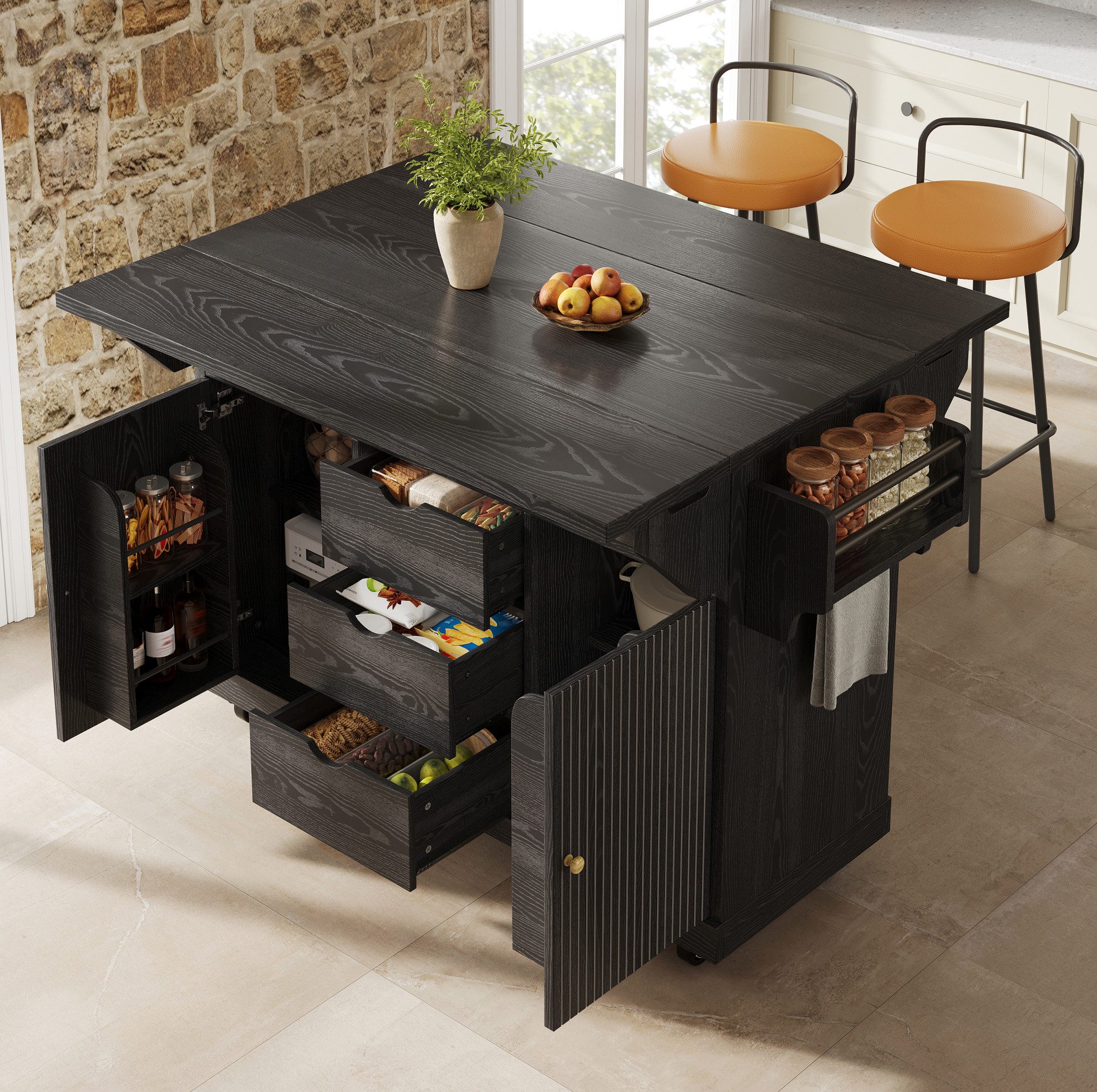 MODFU Küchenwagen Beistellwagen mit Stauraum Schubladen und feststellbaren Rollen, (1 St), Küchentrolley Schwarz mit 95 cm Höhe und Klapptisch Funktion