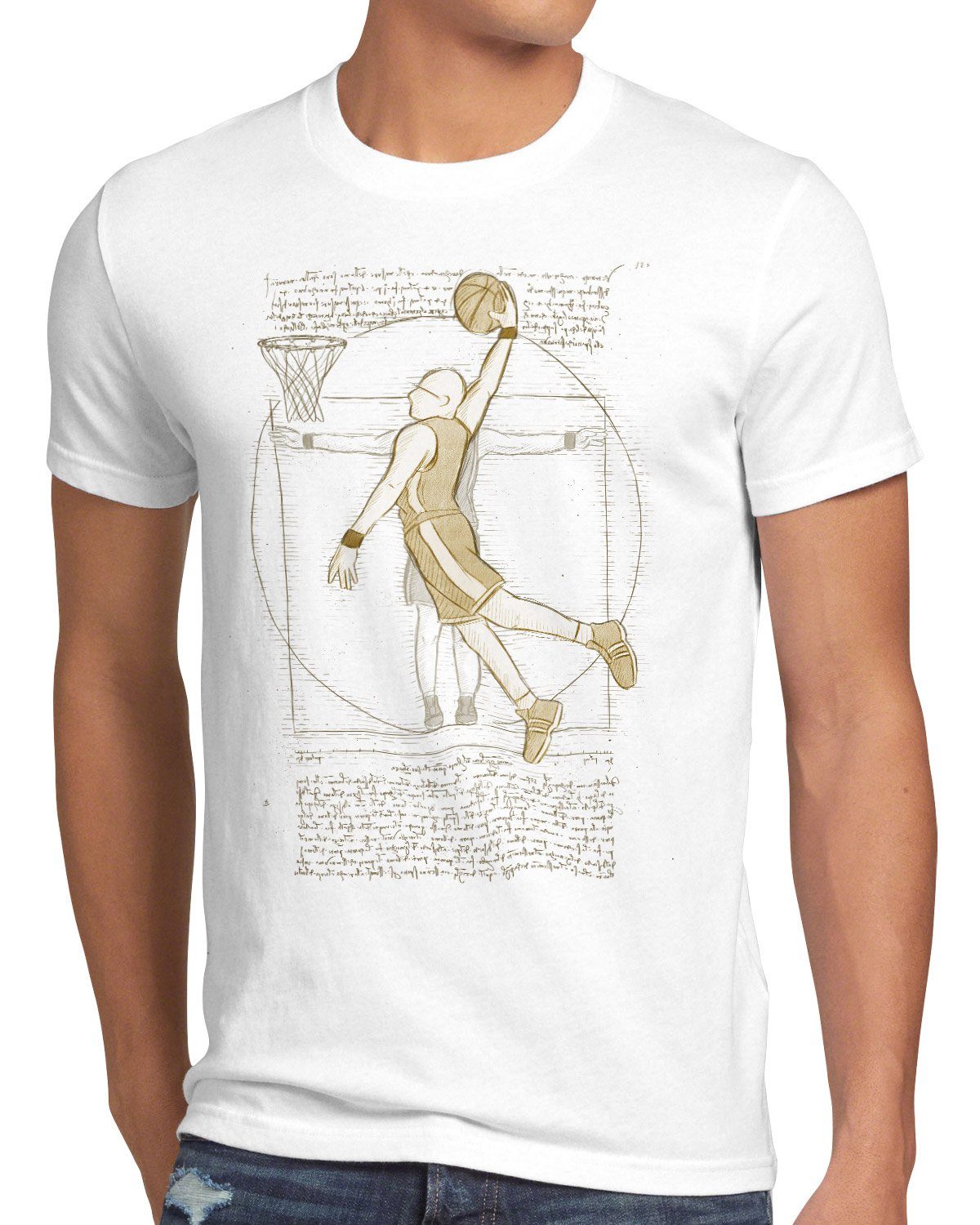 da Herren Print-Shirt Basketballspieler vinci T-Shirt mensch Vitruvianischer style3 ballsport weiß