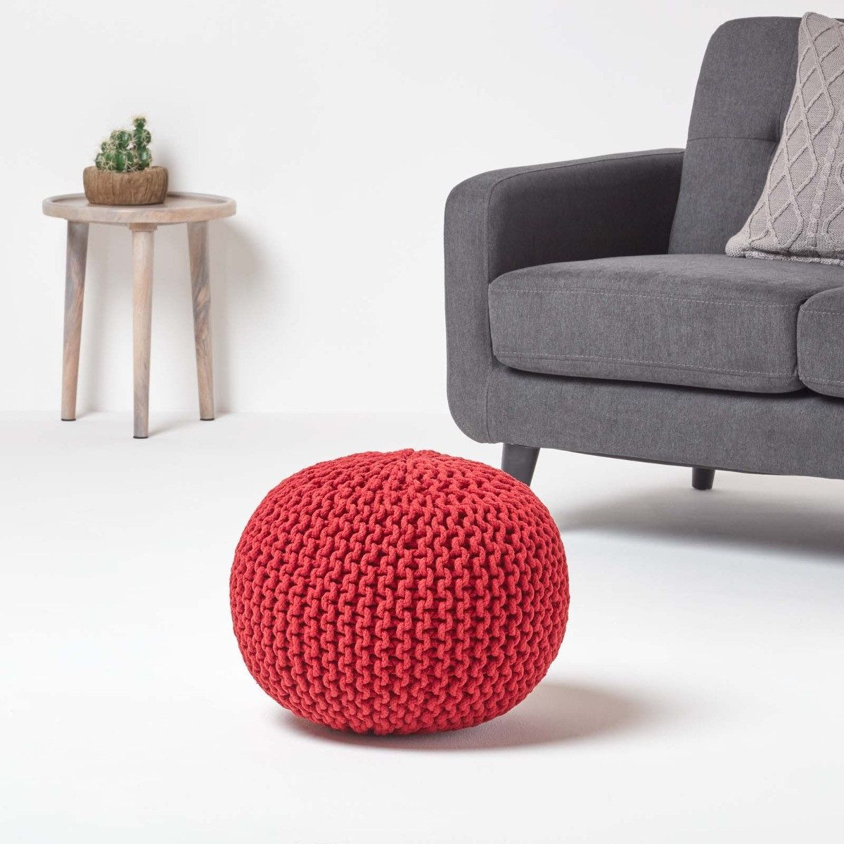 Homescapes Pouf Runder Strickpouf 100% Baumwolle, rot