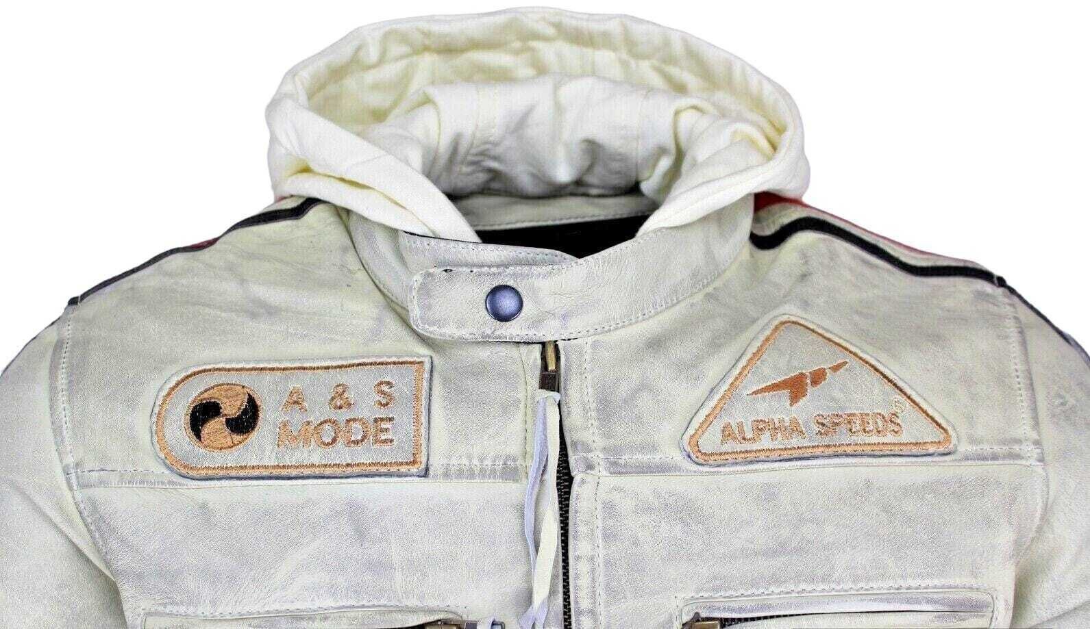 Alpha Speeds Motorradjacke Herren Leder Jacke Biker Freizeit Highway Jacke Weiß (Trennbare Innenjacke + Kapuze) aus weichem Lammleder, mit herausnehmbare Protektoren