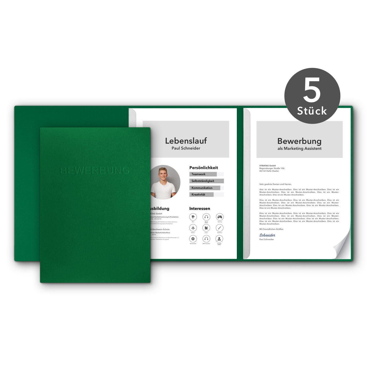 STRATAG Bewerbungsmappe favorit - 5 Stk. 3-tlg mit 2 Klemmschienen - sehr stabiler Naturkarton (Set, 5-St., mit eindrucksvoller Relief-Prägung BEWERBUNG), direkt vom deutschen Hersteller STRATAG
