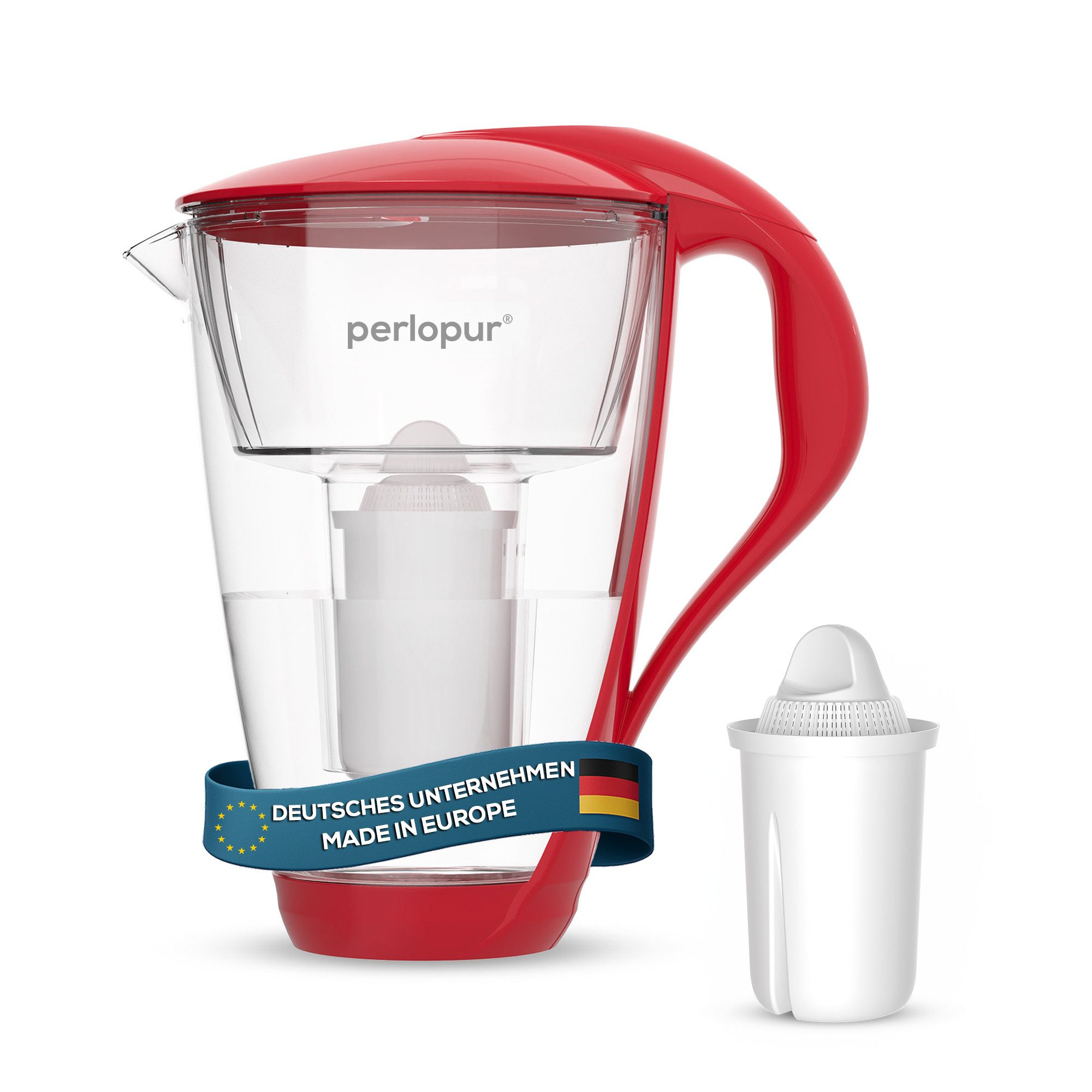 PerloPur Wasserfilter Glas Rot Inkl. 1 Universal Filterkartusche, Zubehör für Brita Classic u. PearlCo Classic