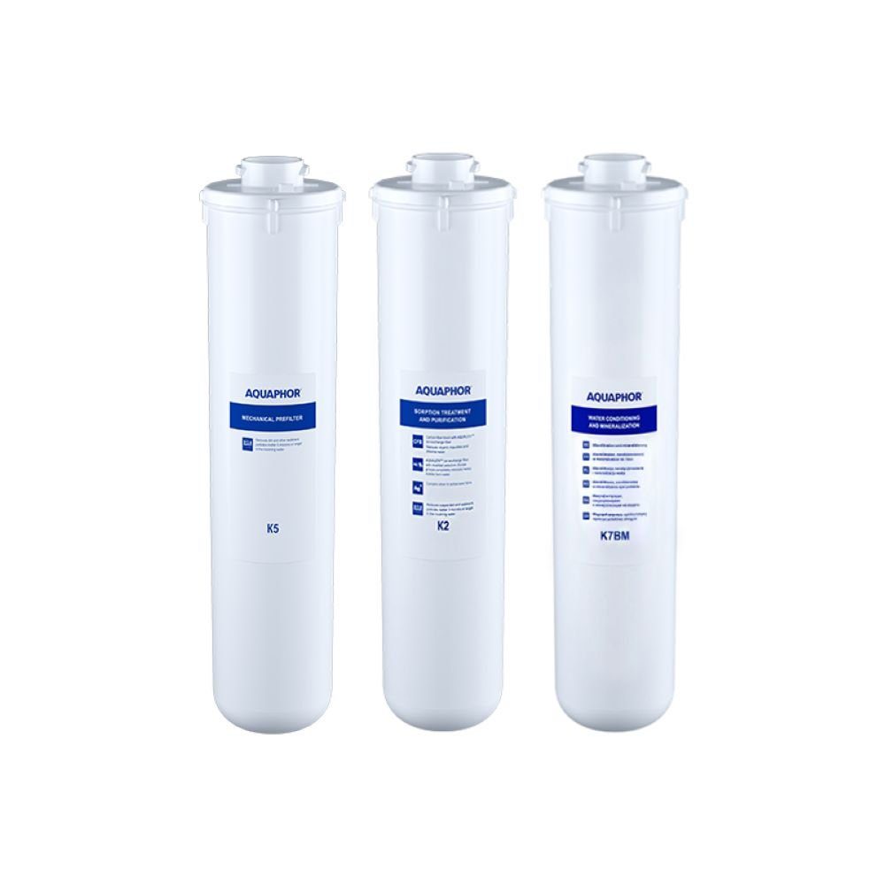 AQUAPHOR Wasserfilter Set K5-K2-K7BM Filterkartuschen, Zubehör für Umkehrosmose AQUAPHOR DWM 101S, 102S, Keimsperre, Mikrofiltration 0,1 µm. und Remineralisierung