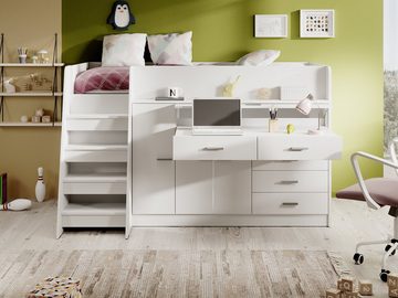 Möbel für Dich Hochbett Ingenio mit ausziehbarem Schreibtisch, Treppe und viel Stauraum mit Lattenrost