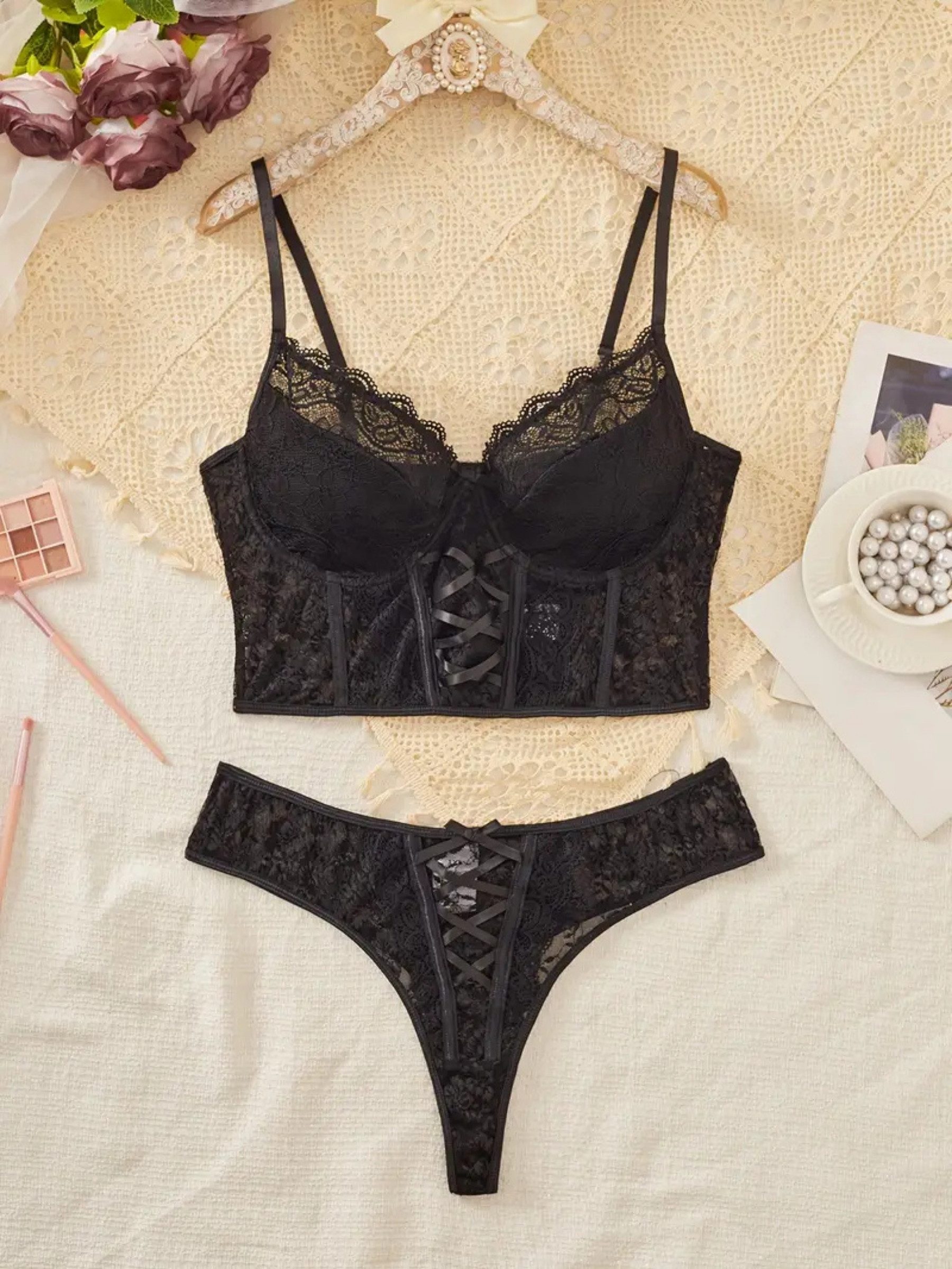 Set: Longline-BH Dessous-Set für Damen – BH mit String-Slip