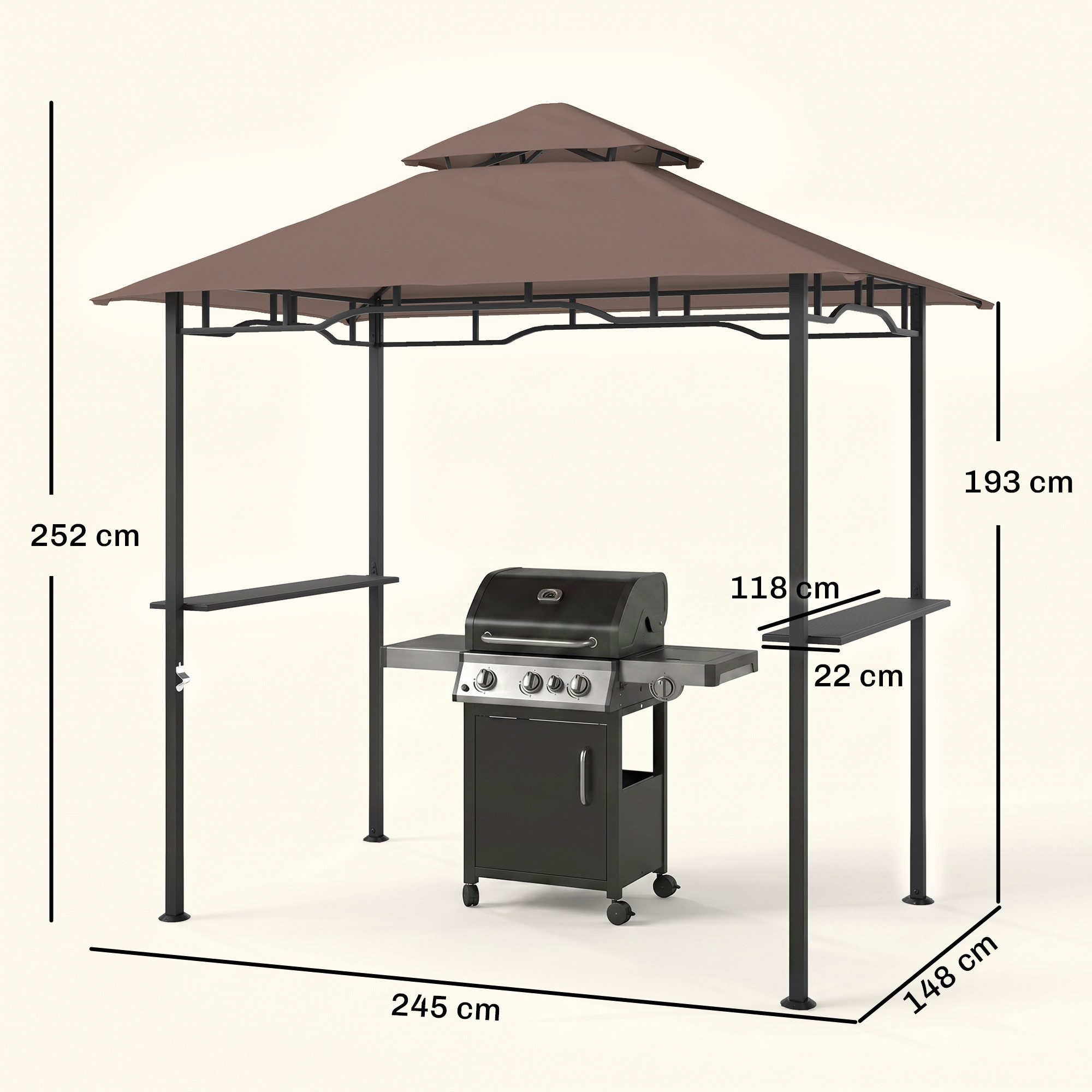 Outsunny Grillpavillon Grill Pavillon mit Ablagen Flammhemmendes Doppeldach, mit 4 Seitenteilen, (Gartenzelt, Grillpavillon), für Garten, Balkon, Kaffeebraun