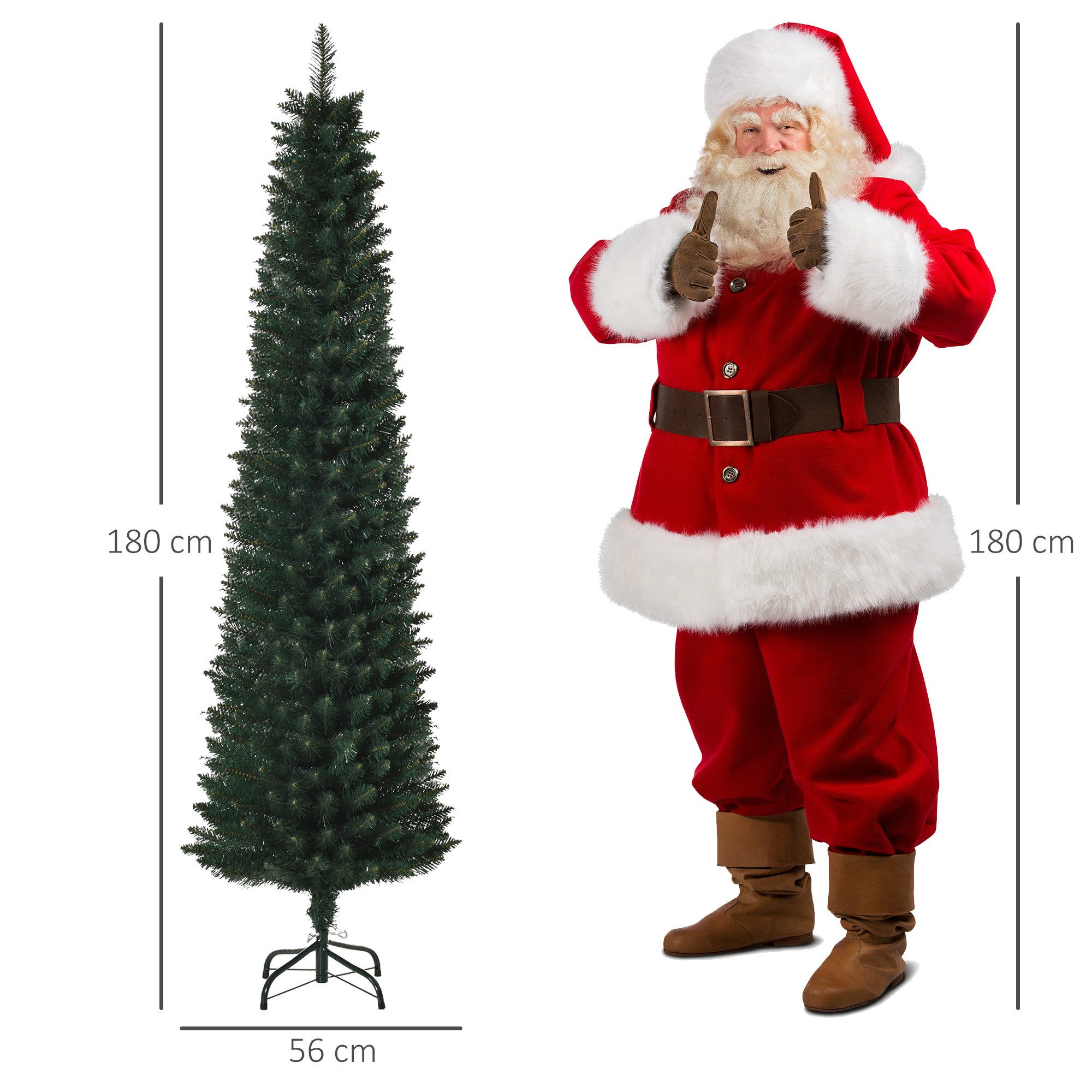 HOMCOM Künstlicher Weihnachtsbaum 180 cm, mit 380 Spitzen, schlanke Form, klappbar Metallständer, Künstlicher Baum, für Weihnachten Deko, Grün