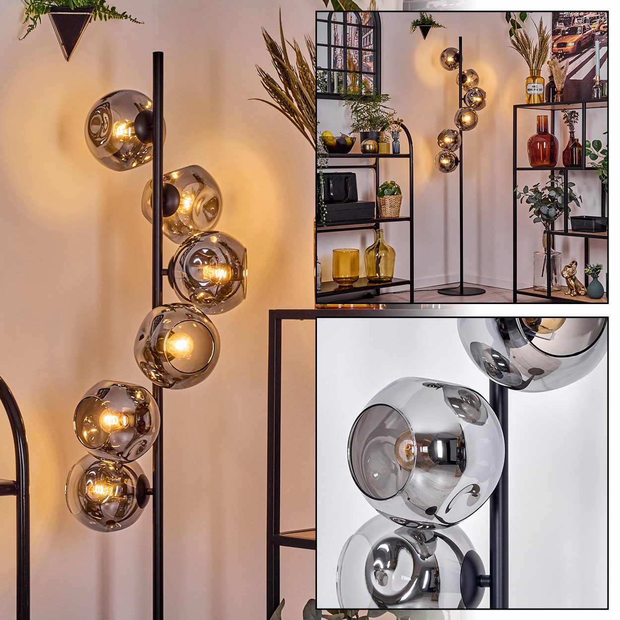 Stehlampe Stehlampe aus Metall/Glas in Schwarz/Rauch, Retro/Vintage-Design
