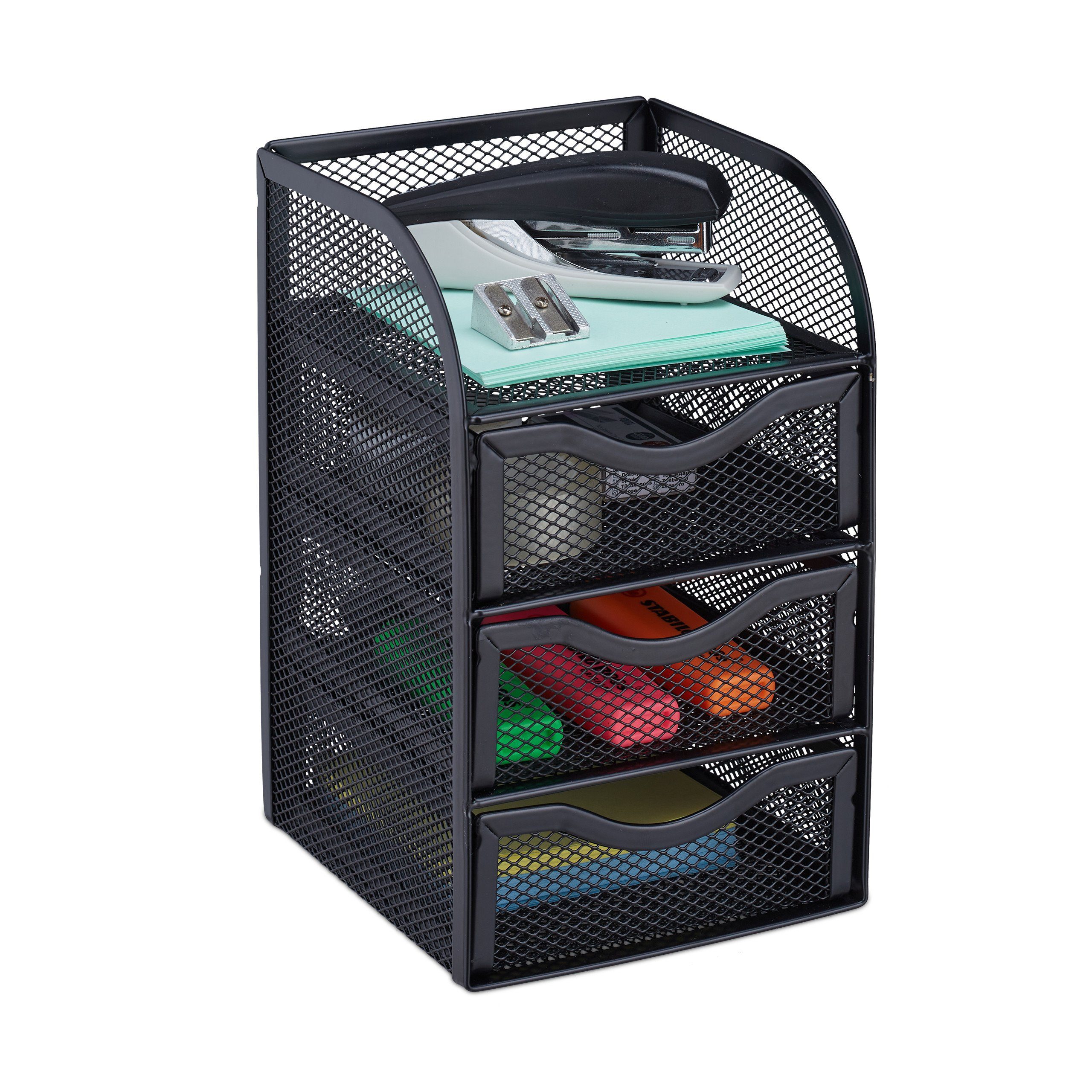 relaxdays Schreibtischaufsatz Schreibtischorganizer Mesh 3 Schubladen, schwarz