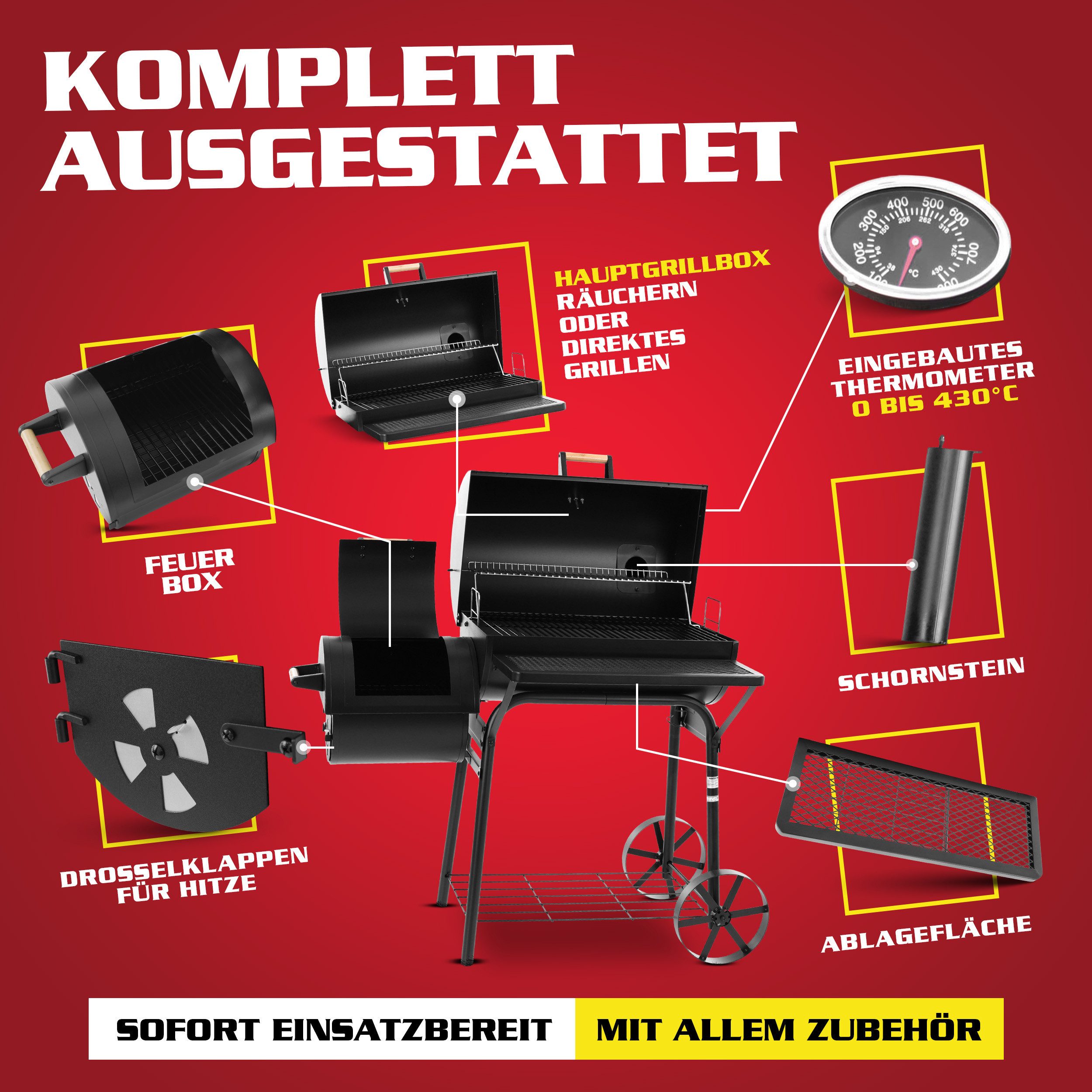 Hecht Smoker Grillwagen Holzkohlegrill XXL mit Thermometer 2 Brennkammern, mit Deckel, Porzellanbeschichtet
