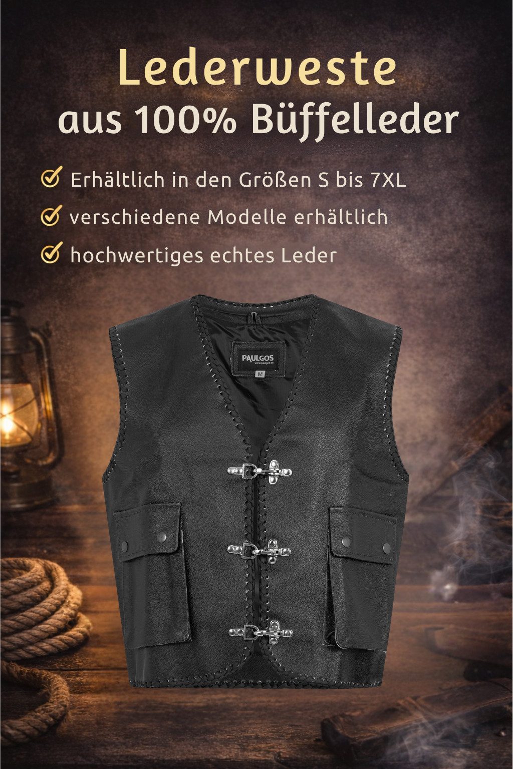 PAULGOS Motorradweste Lederweste Biker Kutte Clubweste Chopper Weste 100% Echtleder - BW5 – Bild 5 von 5