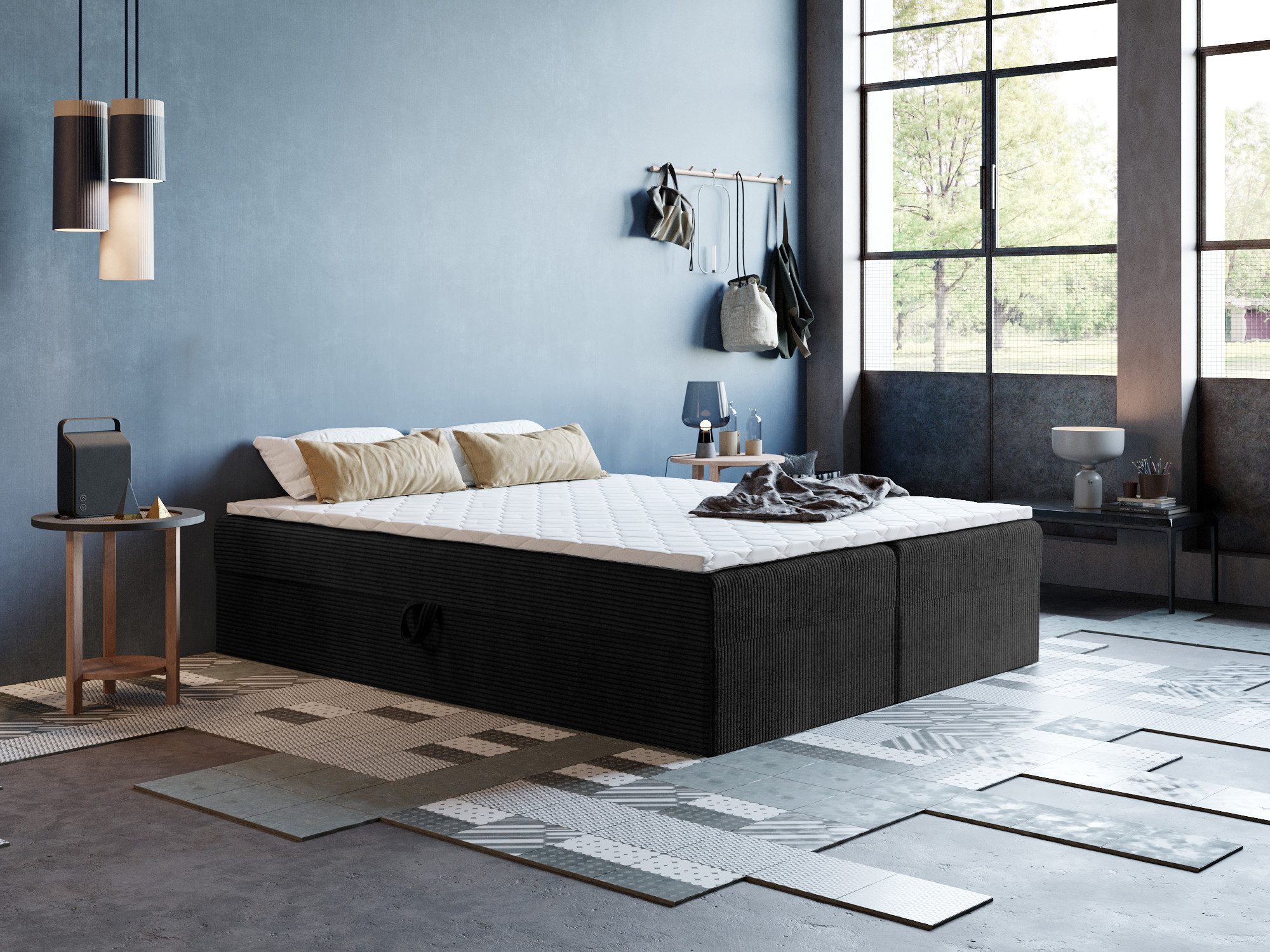 Godre Boxspringbett mit Bettkasten ARES 2 - 170x180 cm - Tashen Matratze und Topper (Bett + Matratze + Topper T-25), Bett mit zwei seitlich zu öffnenden Kästen