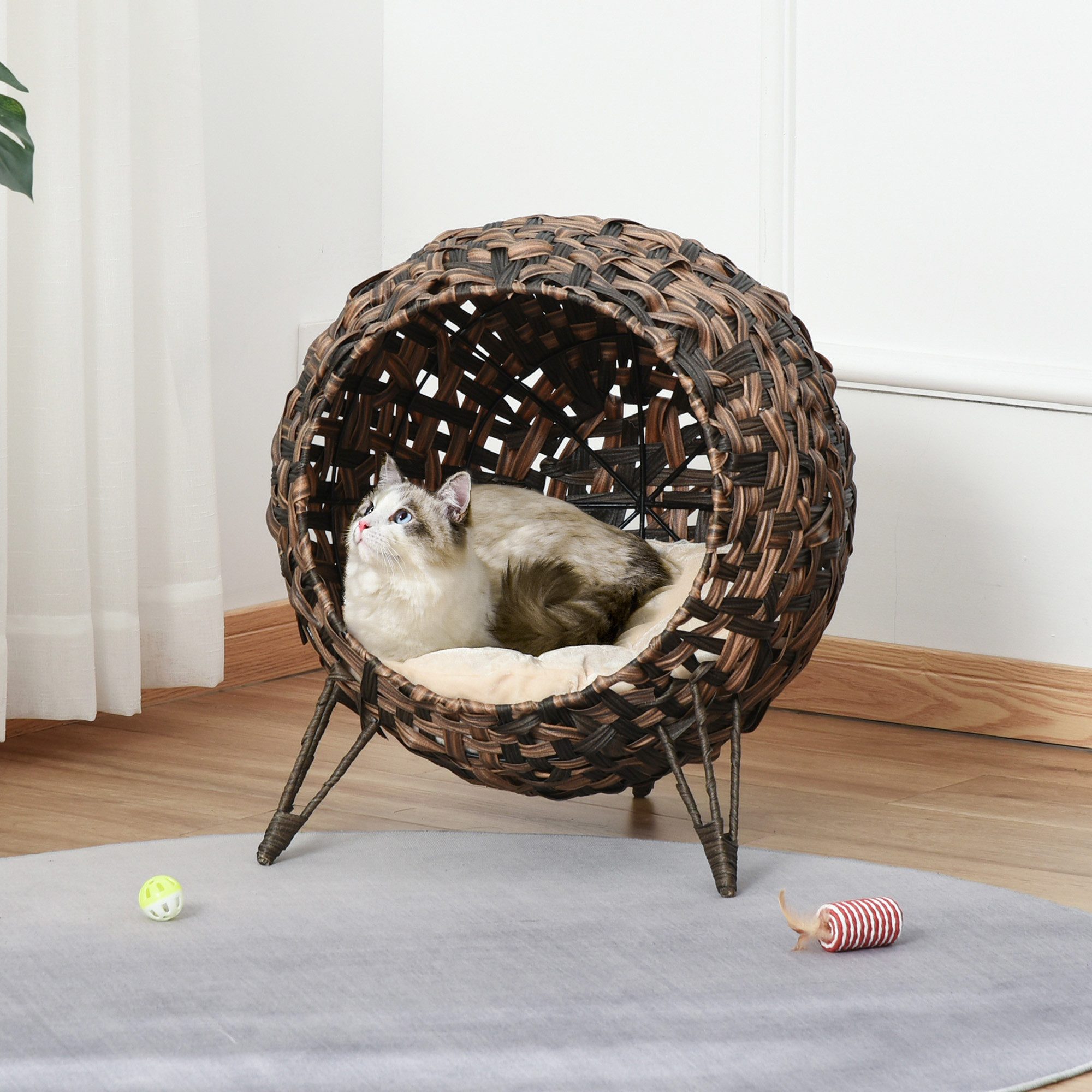 PawHut Tierhaus Katzenhaus mit Kissen Katzenschlafplatz mit erhöhten Füßen, für Katzen, Braun von PawHut