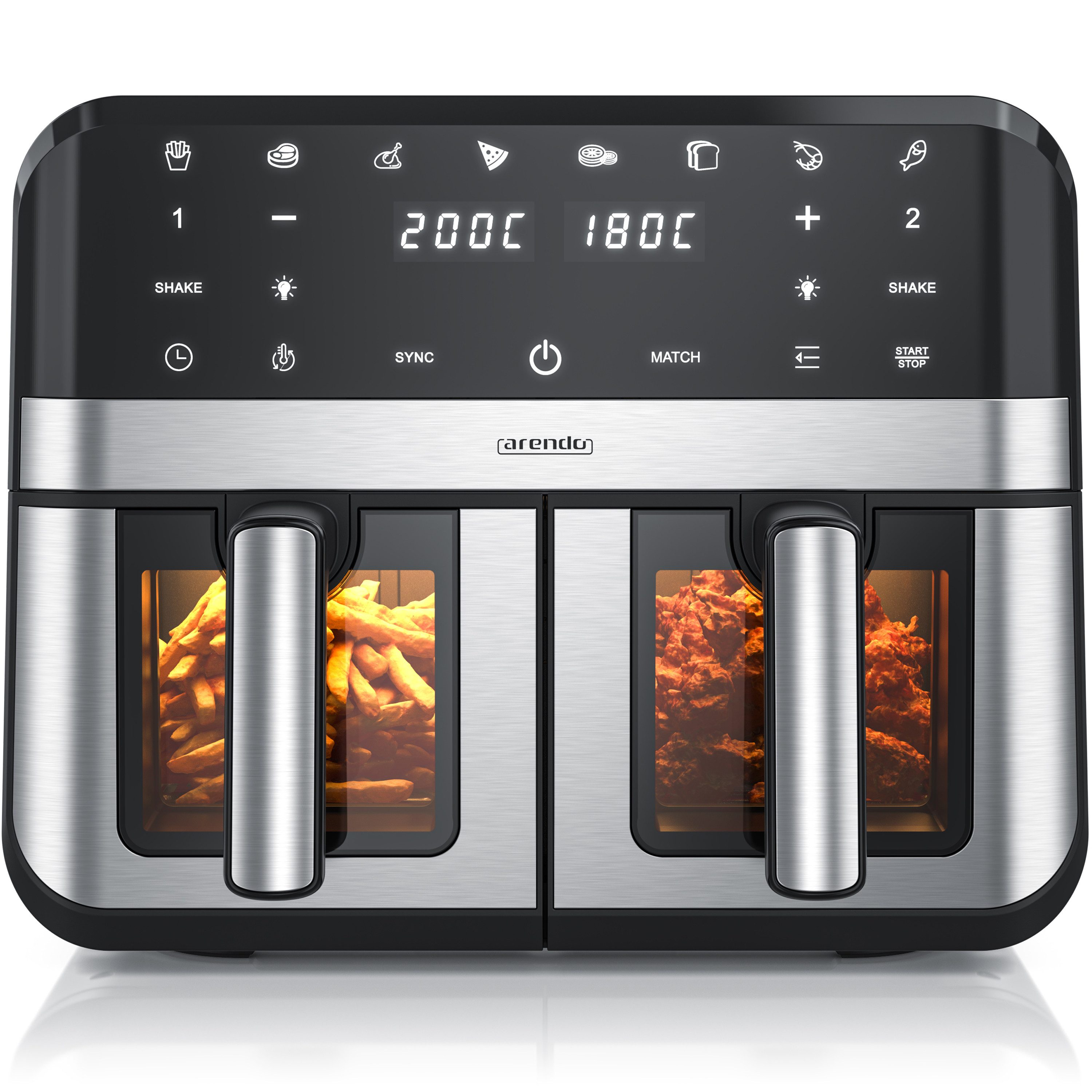 Arendo Heißluftfritteuse XXL Doppelkammer Airfryer 9L, Dual Zone, Sichtfenster mit Beleuchtung, 2400 W, mit Zubehör, Touchscreen, 3D Umluftsystem, fettarmes gesundes Kochen
