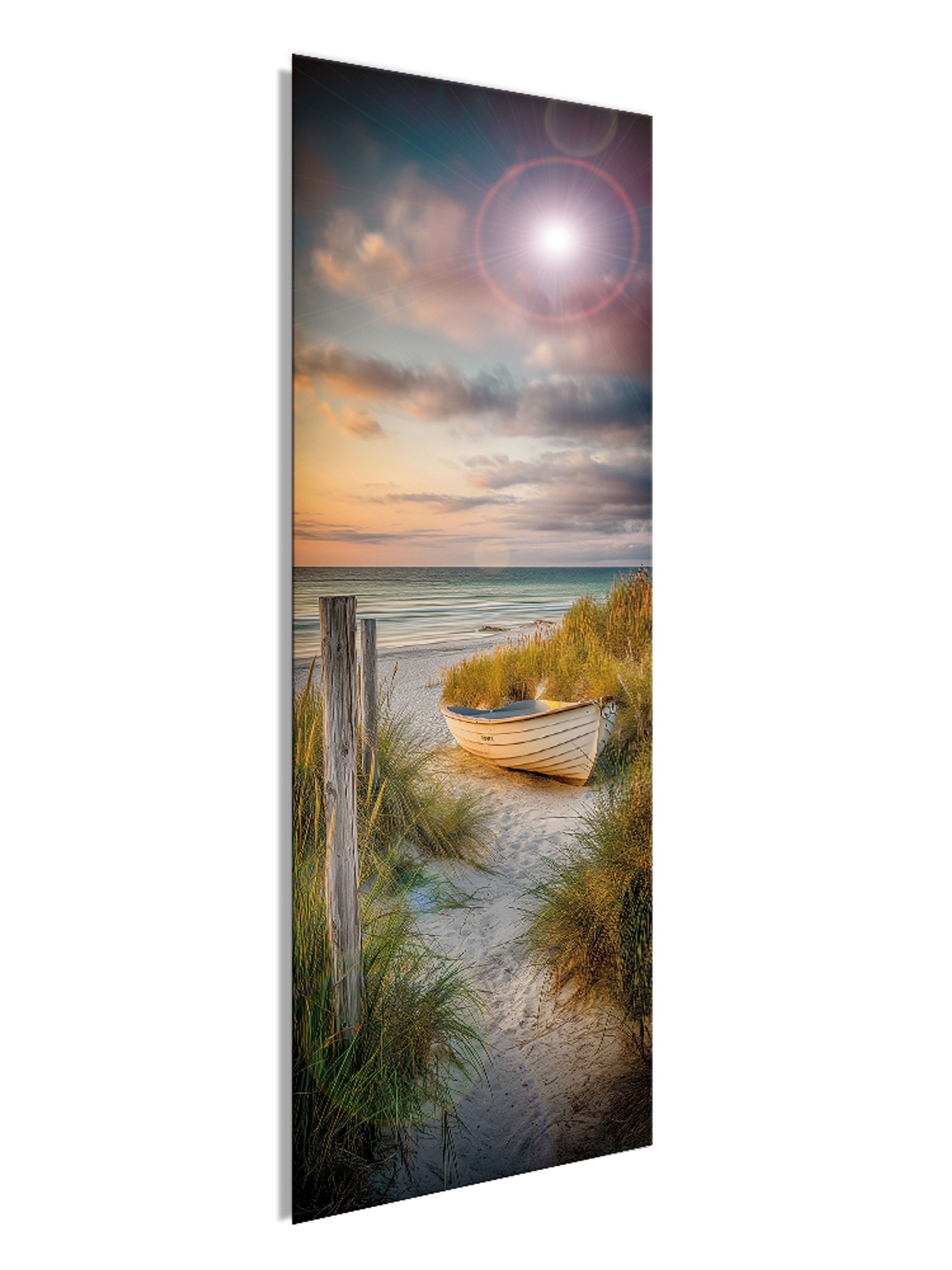 artissimo Glasbild Bild aus Glas 30x80 cm / Wandbild Hochformat / Wanddeko modern, Strand und Meer: Boot im Sonnenuntergang – Bild 2 von 5