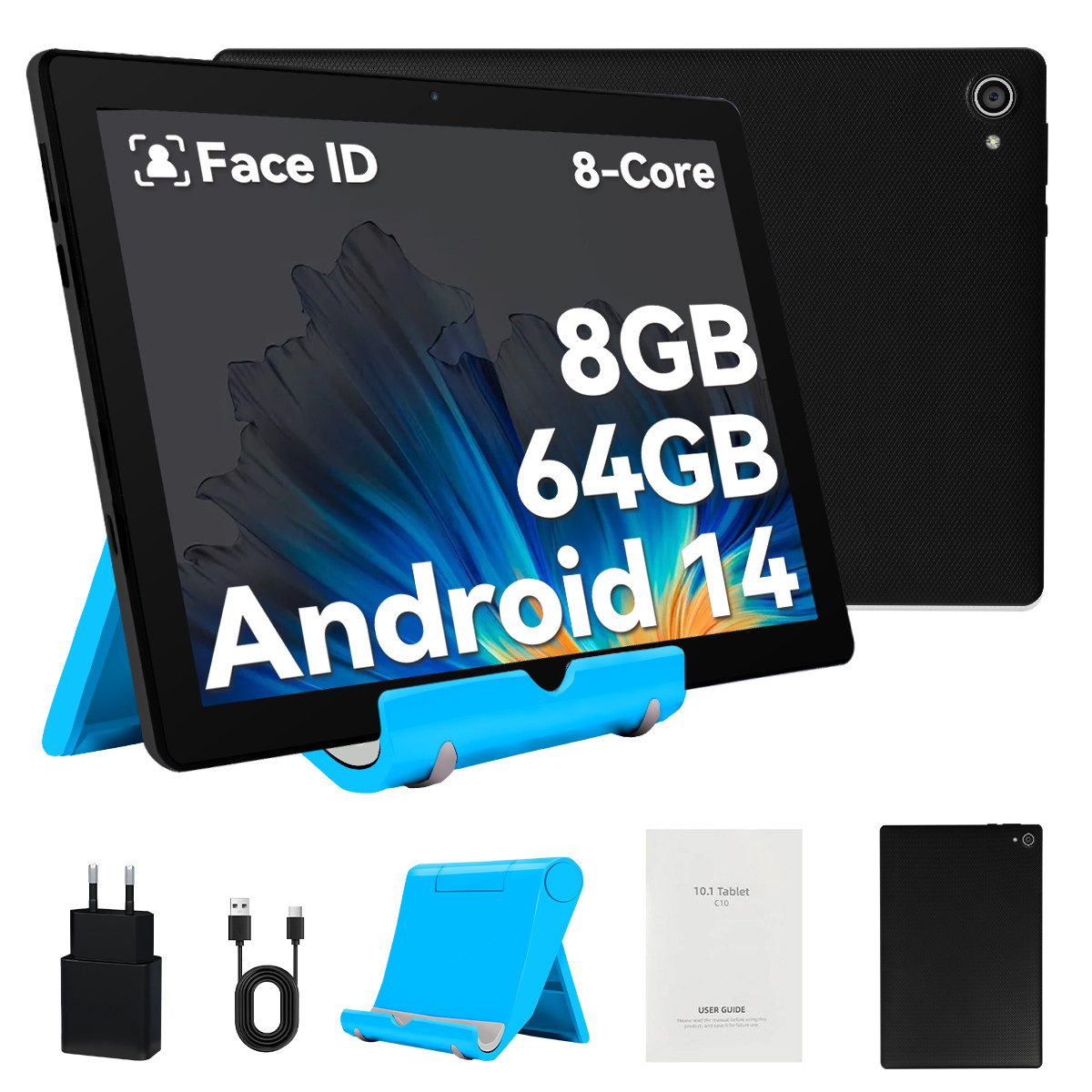 Happybe 10 Zoll Android 14 8 GB RAM 64 GB Speicher 5 MP + 8 MP Dual-Kamera Tablet (10", 64 GB, Android, Dual-Kamera)