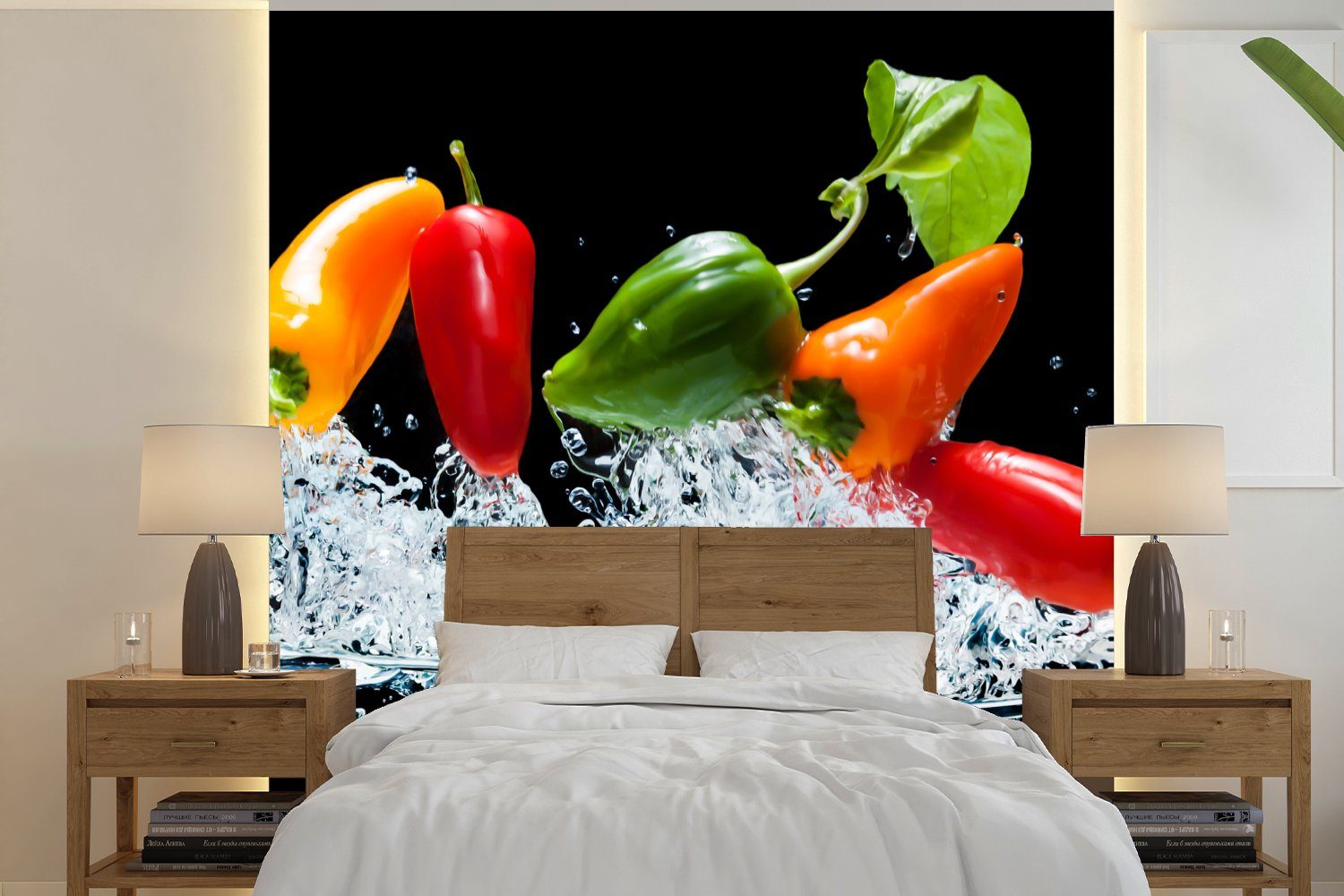 MuchoWow Fototapete Paprika - Schwarz - Gemüse - Wasser - Blatt, Matt, bedruckt, (4 St), Vliestapete für Wohnzimmer Schlafzimmer Küche, Fototapete