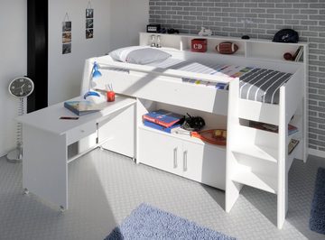 Parisot Hochbett 2159COMB - Swan Einzelbettgestell Hochbett mit Schreibtisch in Weiß 2 Türiger Schrank Ablagefächer Schublade (Komplett, 0-St., Komplett) Schreibtisch