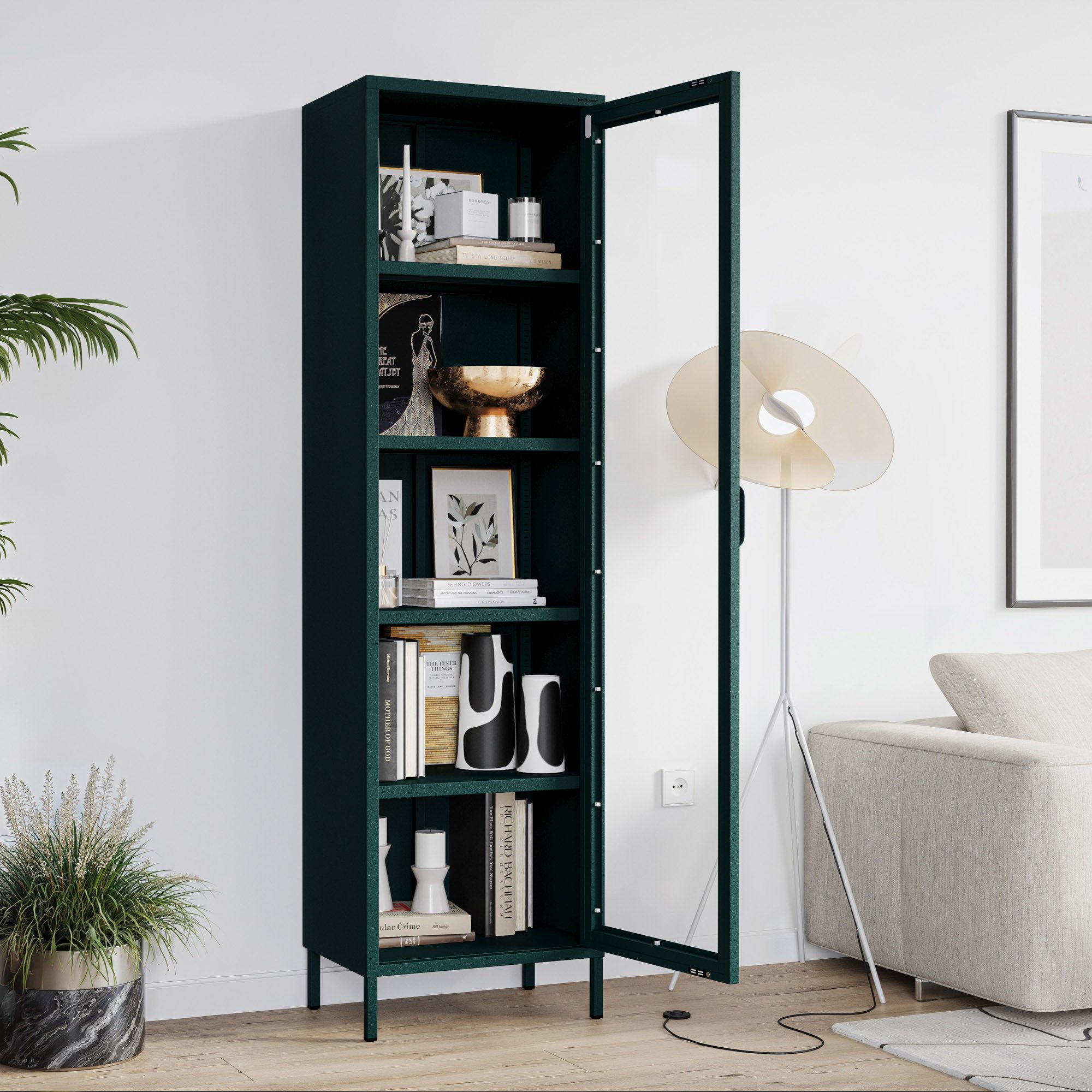 Jan Nowak Vitrine LUIGI Vitrine Schmal Glas Metall 50x180x35cm 4 Regale Sparkling (Stahl 0,6mm, 4 Regale 30kg, Hartglas, Wandmontage möglich) Brilliance Beine r – Bild 3 von 5