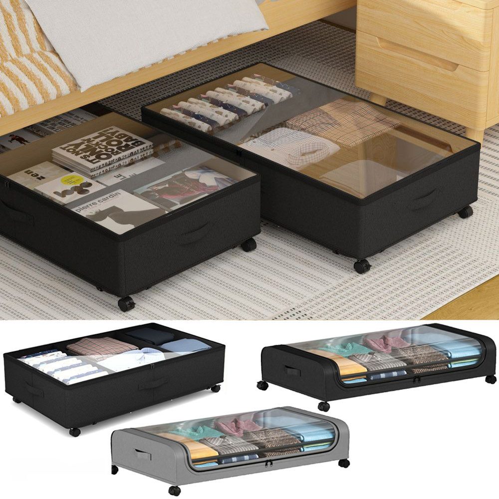 PRIISF Aufbewahrungskorb Aufbewahrungsbox Unterbettbox Lagerbox Rollen Deckel Regalkorb Kisten (Unterbettkommode Kleideraufbewahrung Aufbewahrungstasche, Unterbett Staubox Organizer mit Reißverschluss Sichtfenster), Lagerbehälter für Kissen Decken Bettdecke Schuh Spielzeug Puppe Bücher