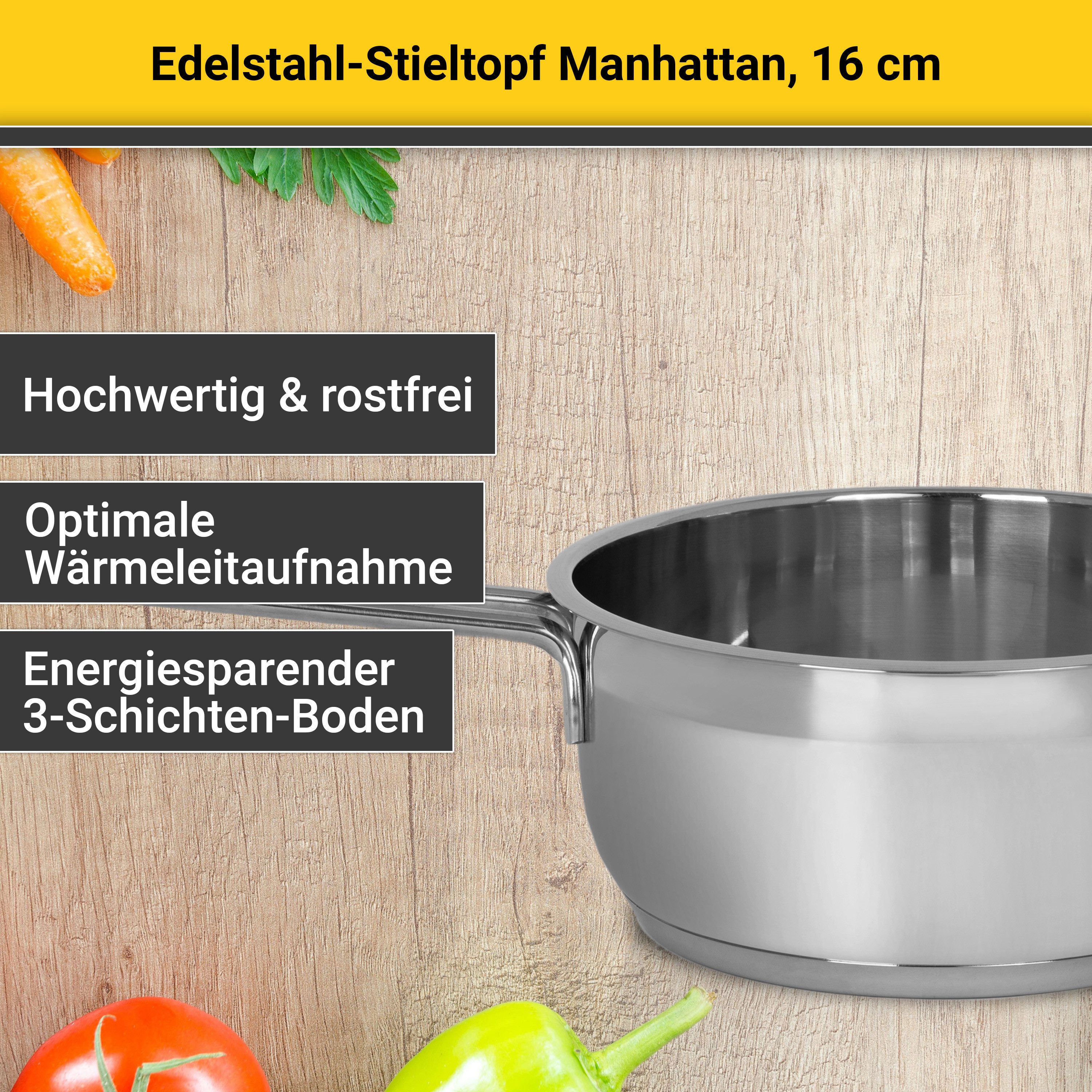 Krüger Kasserolle Edelstahl Stieltopf Manhattan, 16 cm, Edelstahl (1-tlg), für Induktions-Kochfelder geeignet