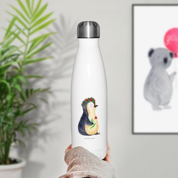 Mr. & Mrs. Panda Thermoflasche Pinguin Blumen - Weiß - Geschenk, Lebenslust, Thermos, Edelstahl, Zie, Liebevolle Designs