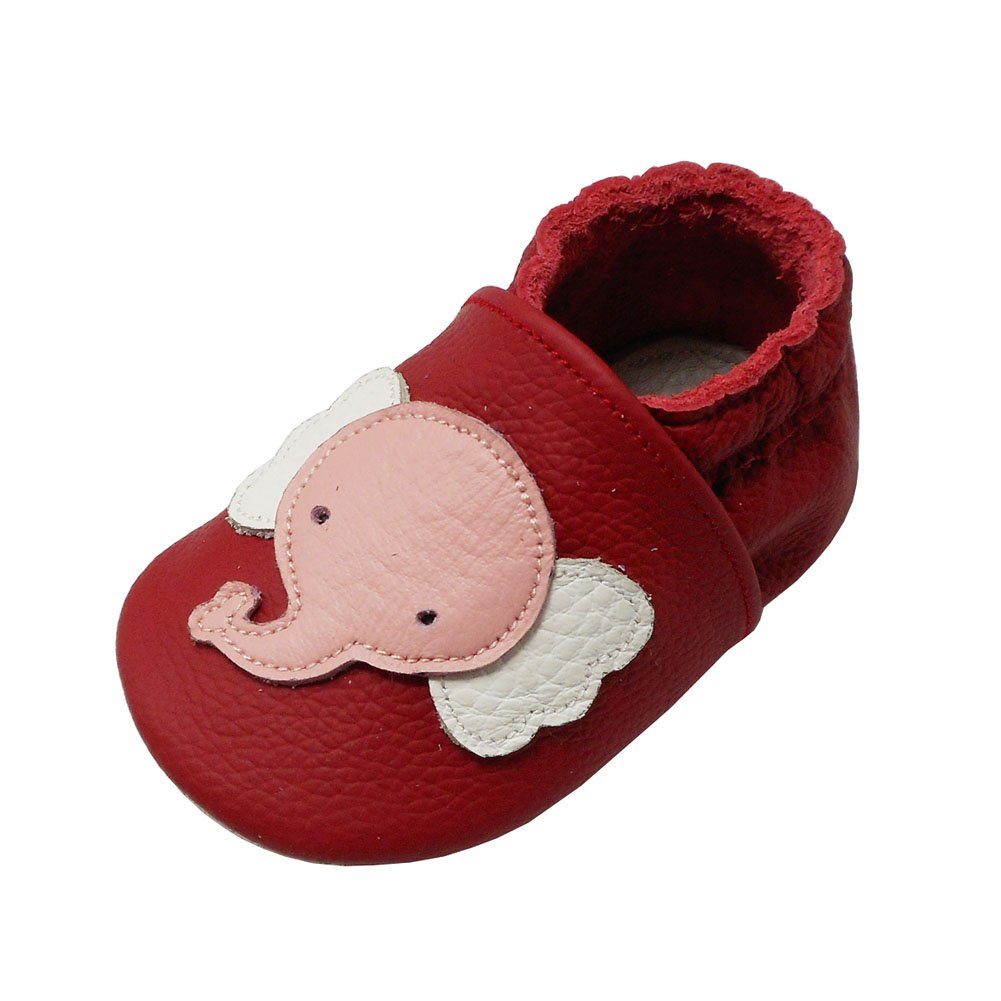 Yalion Weiche Leder Lauflernschuhe Hausschuhe Lederpuschen Elefant Rot Krabbelschuh