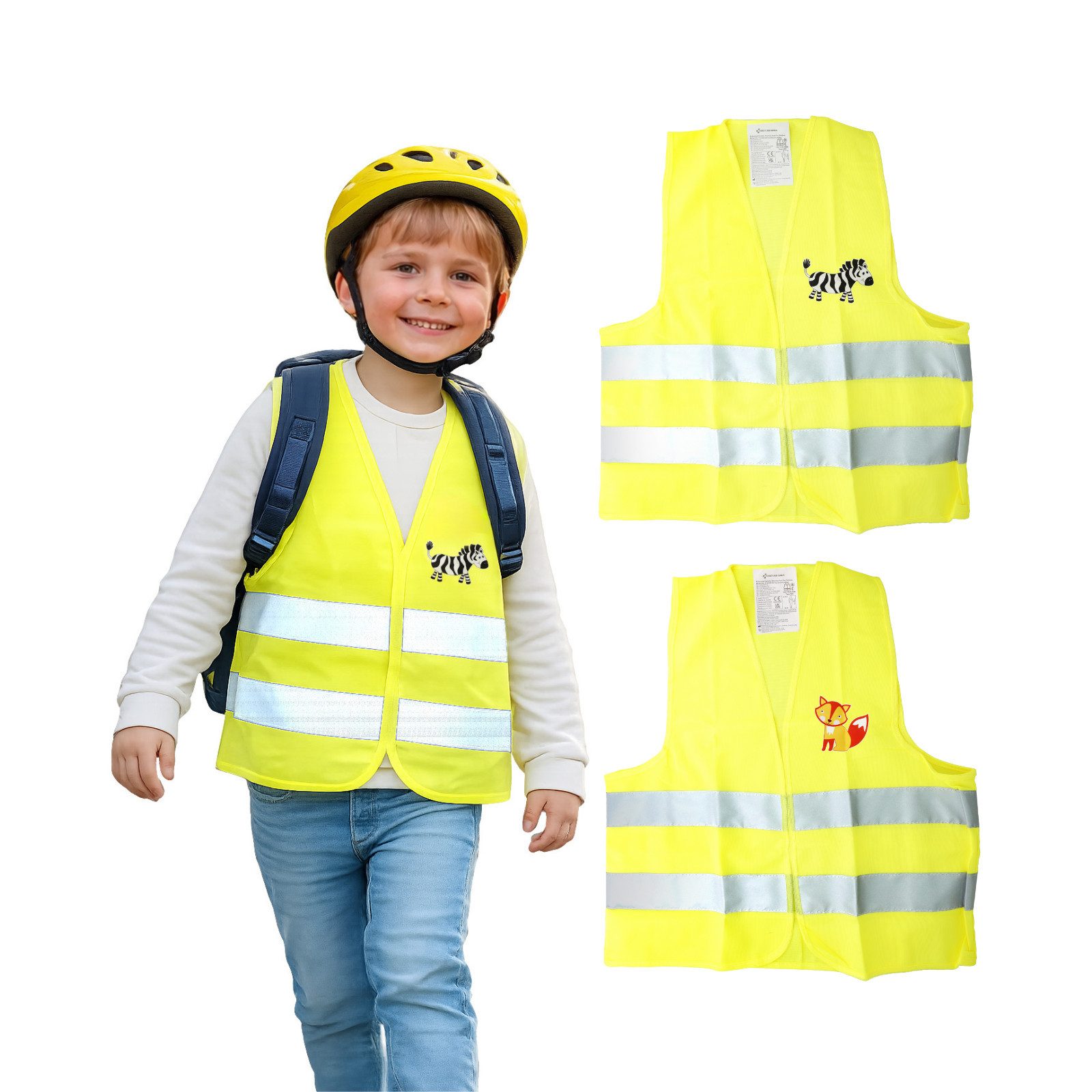 FIRST AID ONLY® Warnweste Kinder Warnweste Duo Set Fuchs & Zebra Sicherheitsweste 3-8 Jahre (2-tlg) Gemäß EN 17353:2020
