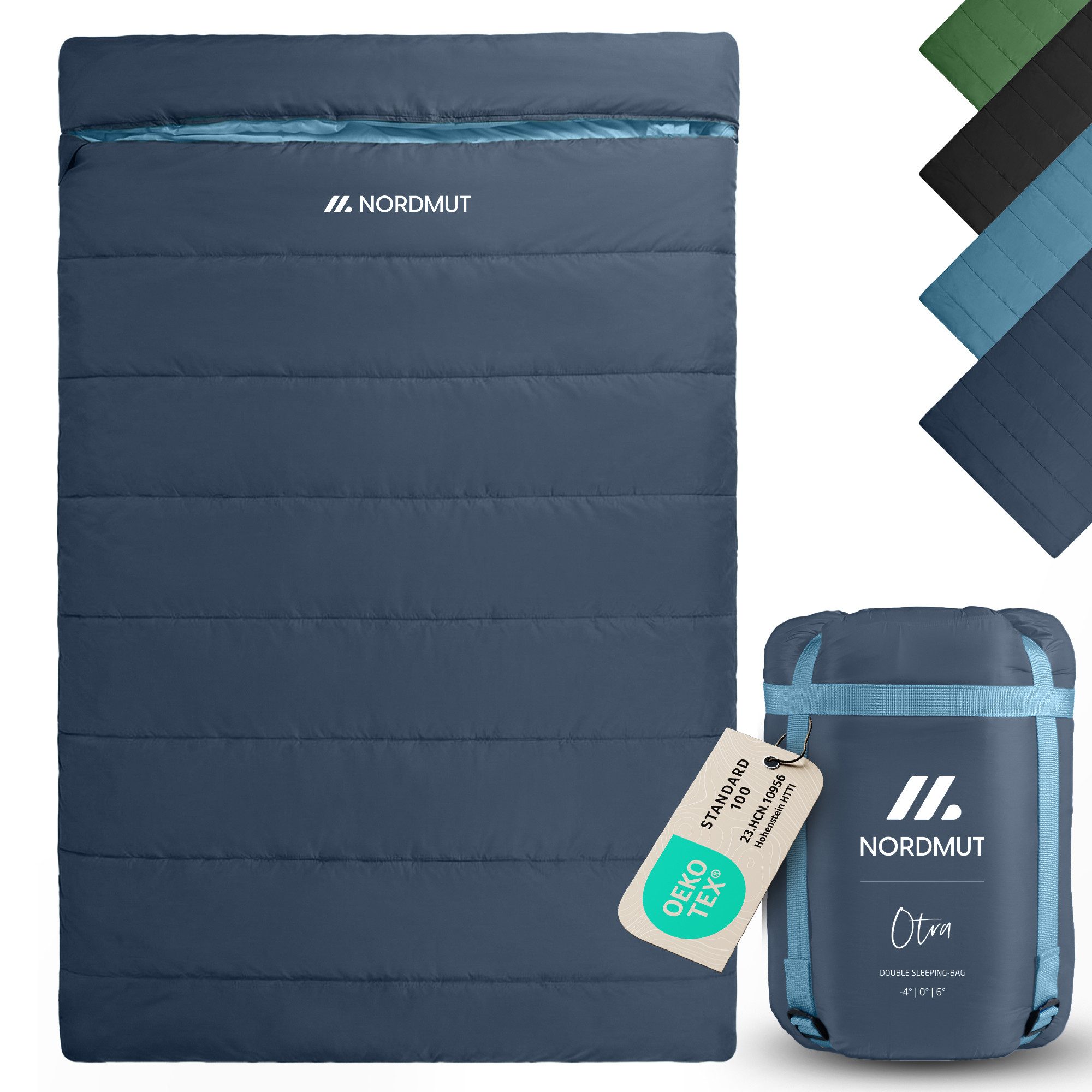 Nordmut Doppelschlafsack Deckenschlafsack XXL 2 Personen Camping Outdoor, warm, koppelbar (Spar-Set, 2 tlg., Nordmut Otra + Kompressionsbeutel), wasserabweisend, kuschelwarm bis 6°C, YKK 2-Wege-RV, kleines Packmaß