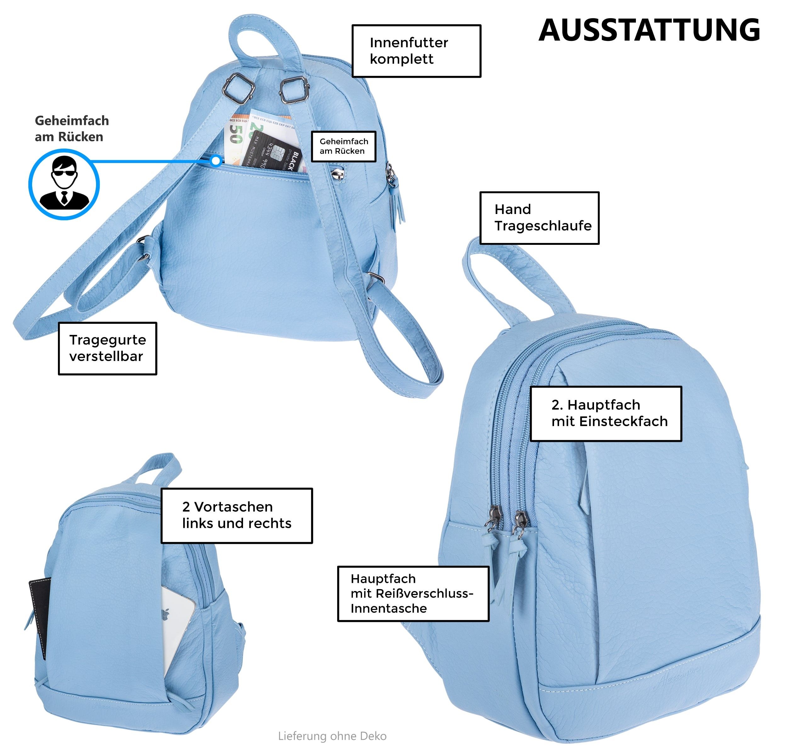 Alessandro Salvatore Cityrucksack Rucksack Damen Damenrucksack Kunstleder Handtasche, Reise Freizeitrucksack klein Freizeit Bürorucksack Olbia 4053 + Etui
