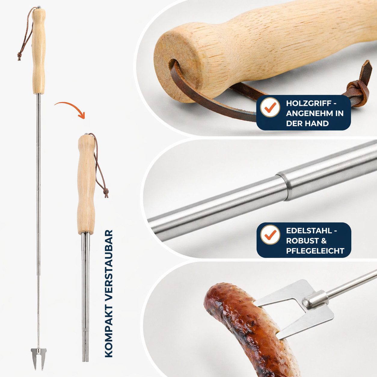esschert design Grillspieß Teleskopgrillspieß aus Edelstahl mit Holzgriff, ausziehbar bis 80 cm, Ausziehbar