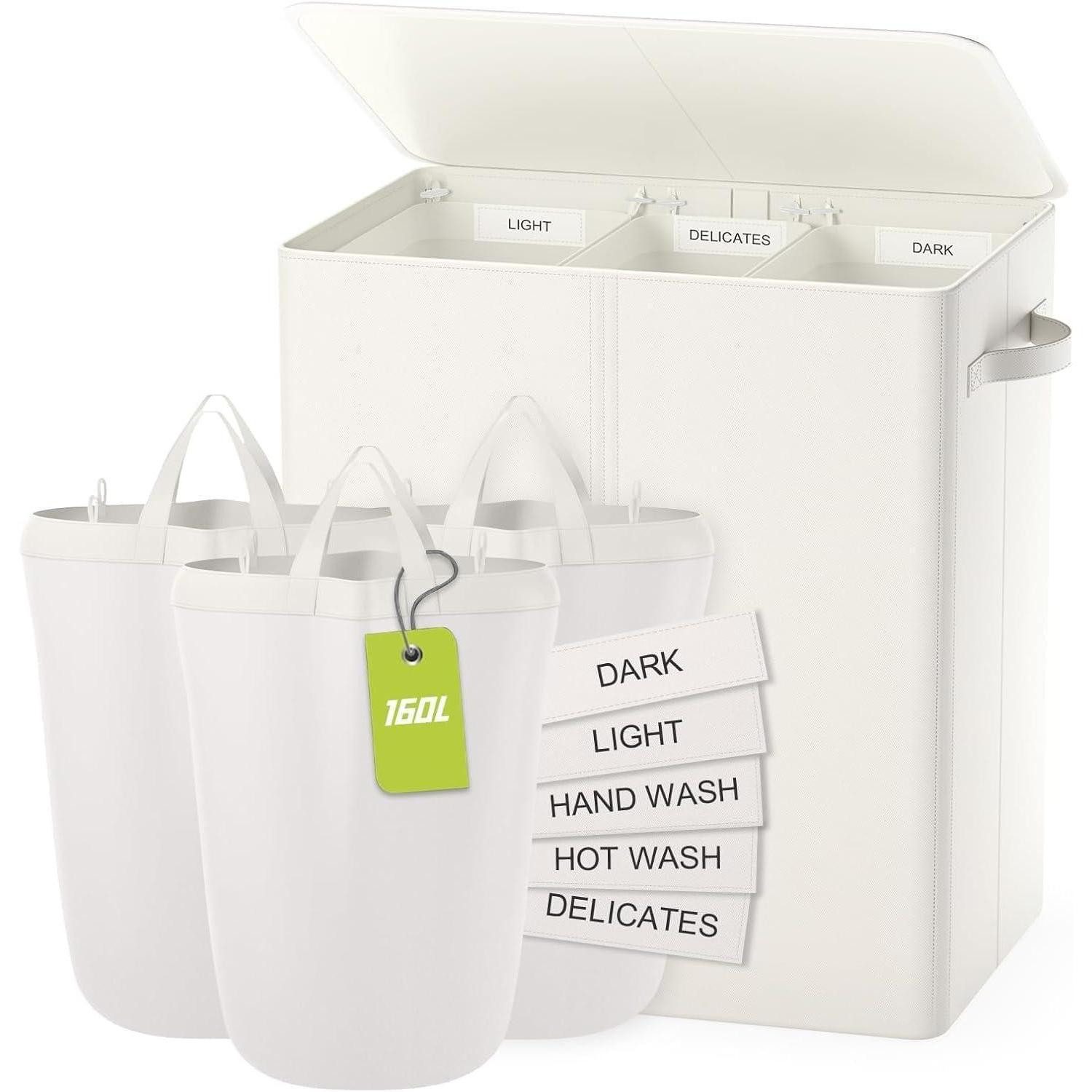 LuxusKollektion Wäschekorb Wäschekorb Deckel 3 Fächer Wäschesammler Schlafzimmer Beige 160L