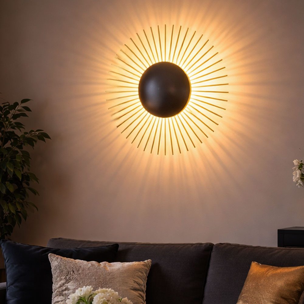 FISCHER & HONSEL LED Wandleuchte, LED-Leuchtmittel fest verbaut, Warmweiß, Wandleuchte LED Wohnzimmerlampe Sonne Blattgold schwarz Flurleuchte