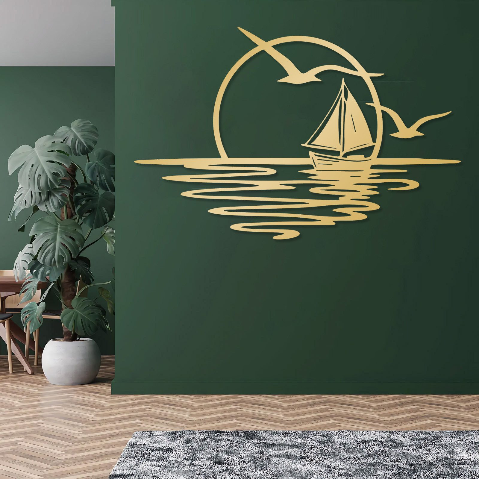 Jumpeak Wanddekoobjekt Wanddeko mit Segelbooten und Möwen,Sonnenaufgang,Sonne,Meer,Seefahrt, Metall,4 Farben,4 Maße,Wasserwellen, Strichkunst,Natürliche Atmosphäre