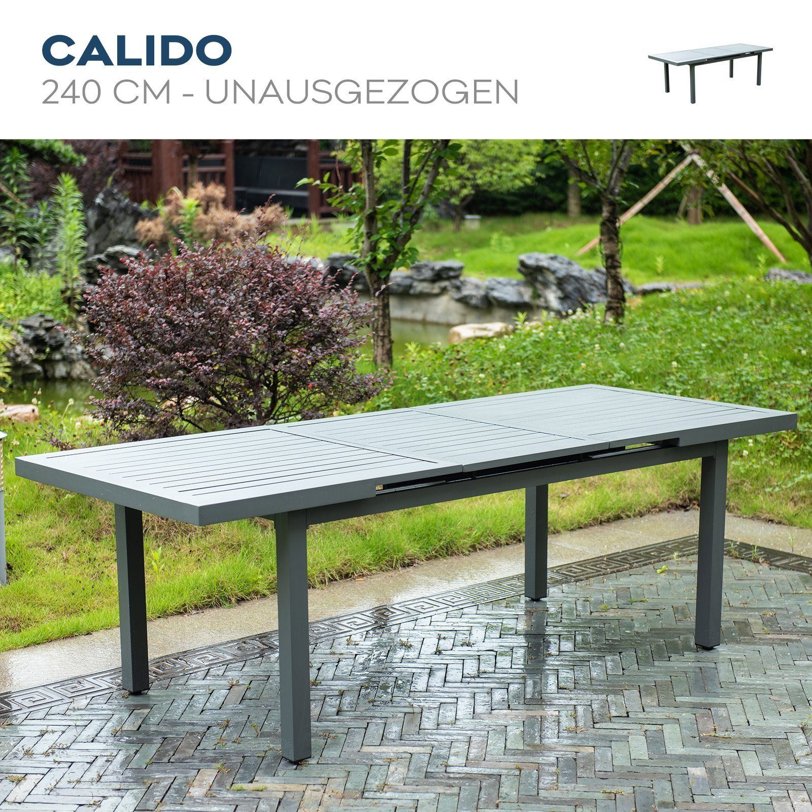 HOME DELUXE Garten-Essgruppe Sitzgruppe CALIDO MADERA, (1-tlg., Ausziehtisch, Terrassentisch, Balkontisch), schnell ausziehbar 180 - 240 cm, aus robustem Aluminium, Gartenmöbel