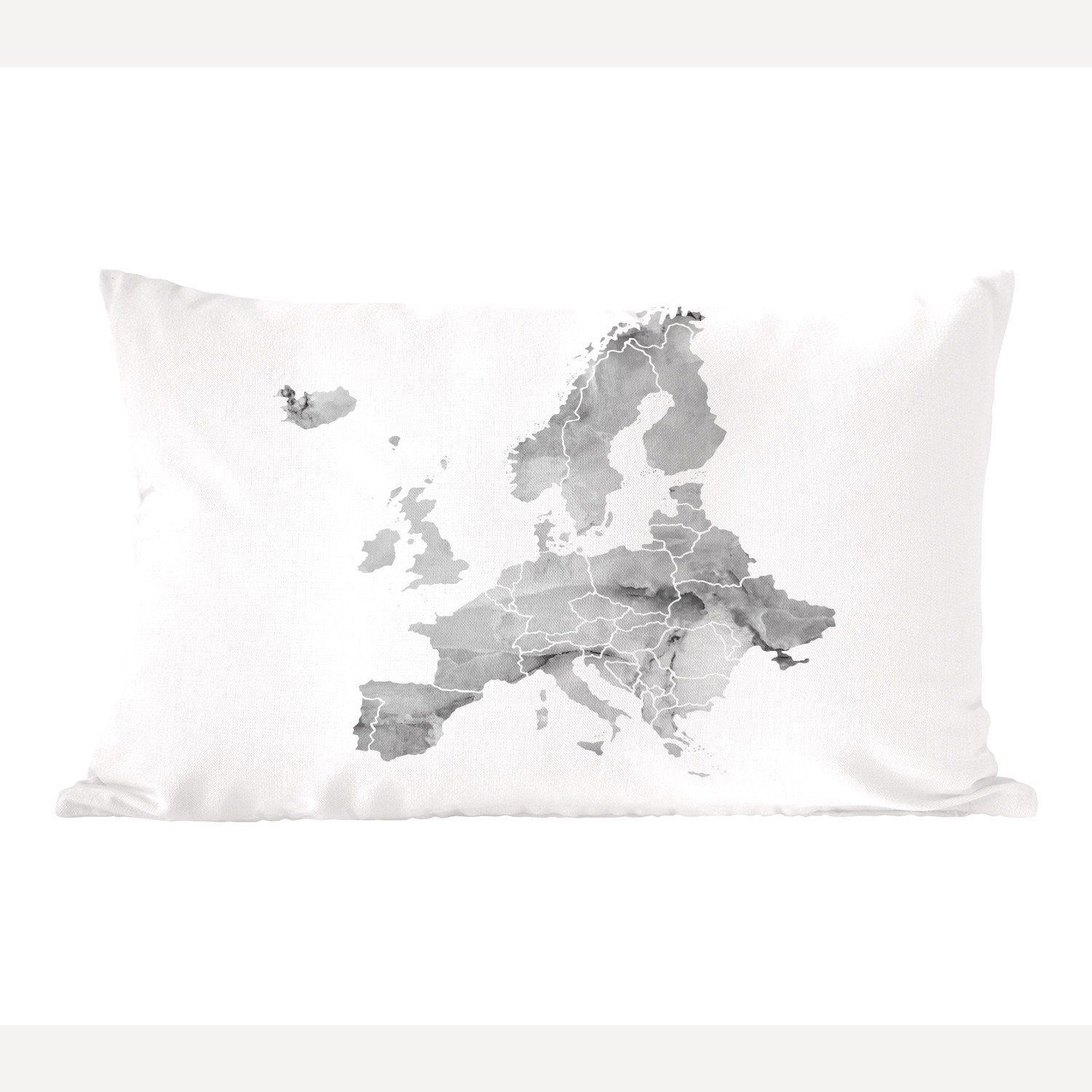 MuchoWow Dekokissen Europa-Karte in Aquarell - schwarz und weiß, Wohzimmer Dekoration, Zierkissen, Dekokissen mit Füllung, Schlafzimmer