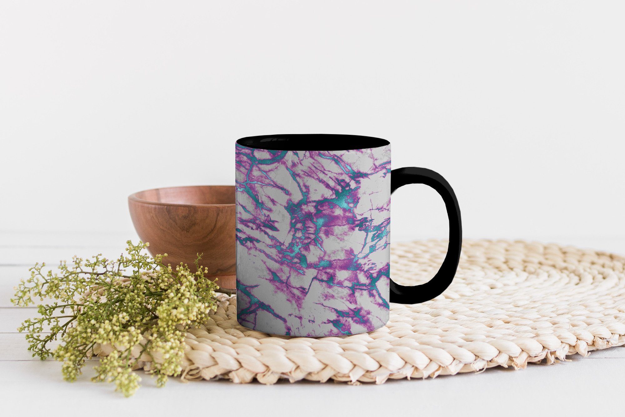 Kaffeetassen, Tasse Farbwechsel, MuchoWow Keramik, - Zaubertasse, - Rosa Muster, Marmor - Teetasse, Blau Geschenk